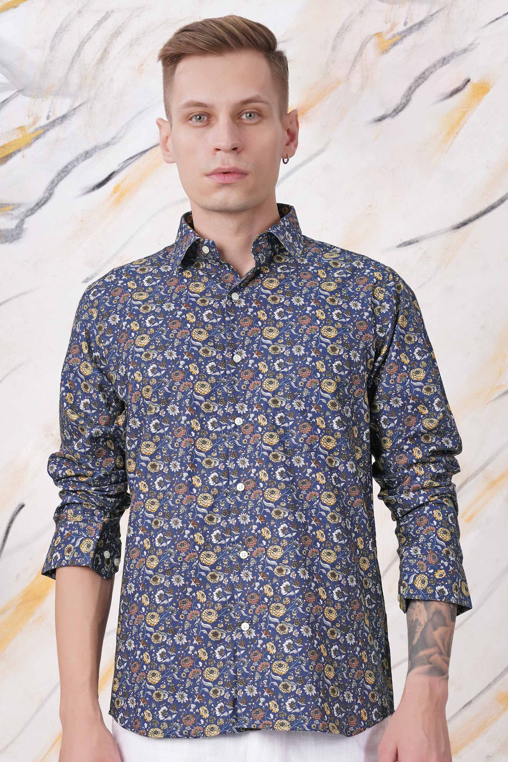 Cloud Burst Blue Multicolour Floral Printed Subtle Sheen Super Soft Premium Cotton Shirt