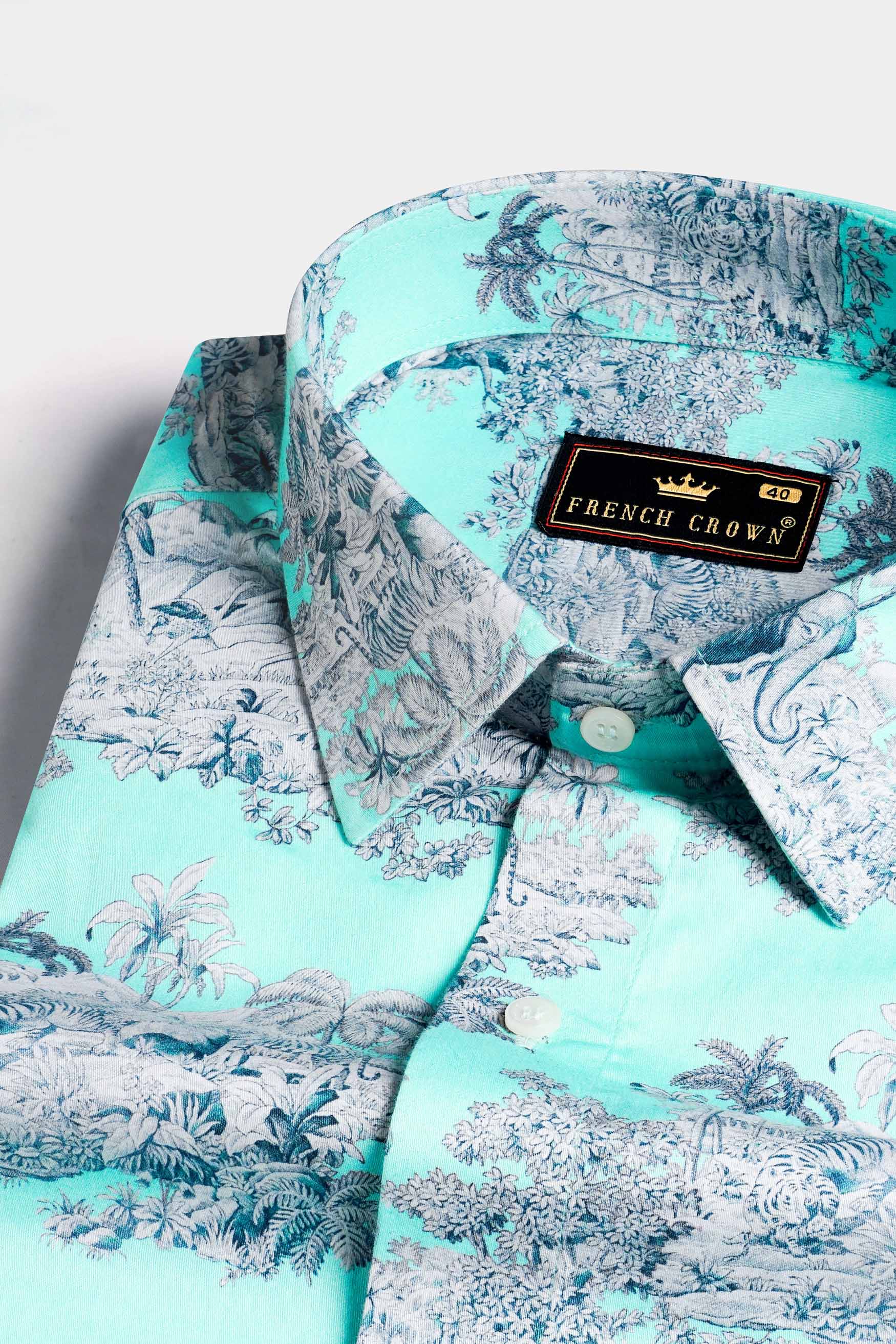 Lagoon Blue Tropical Printed Subtle Sheen Super Soft Premium Cotton Shirt