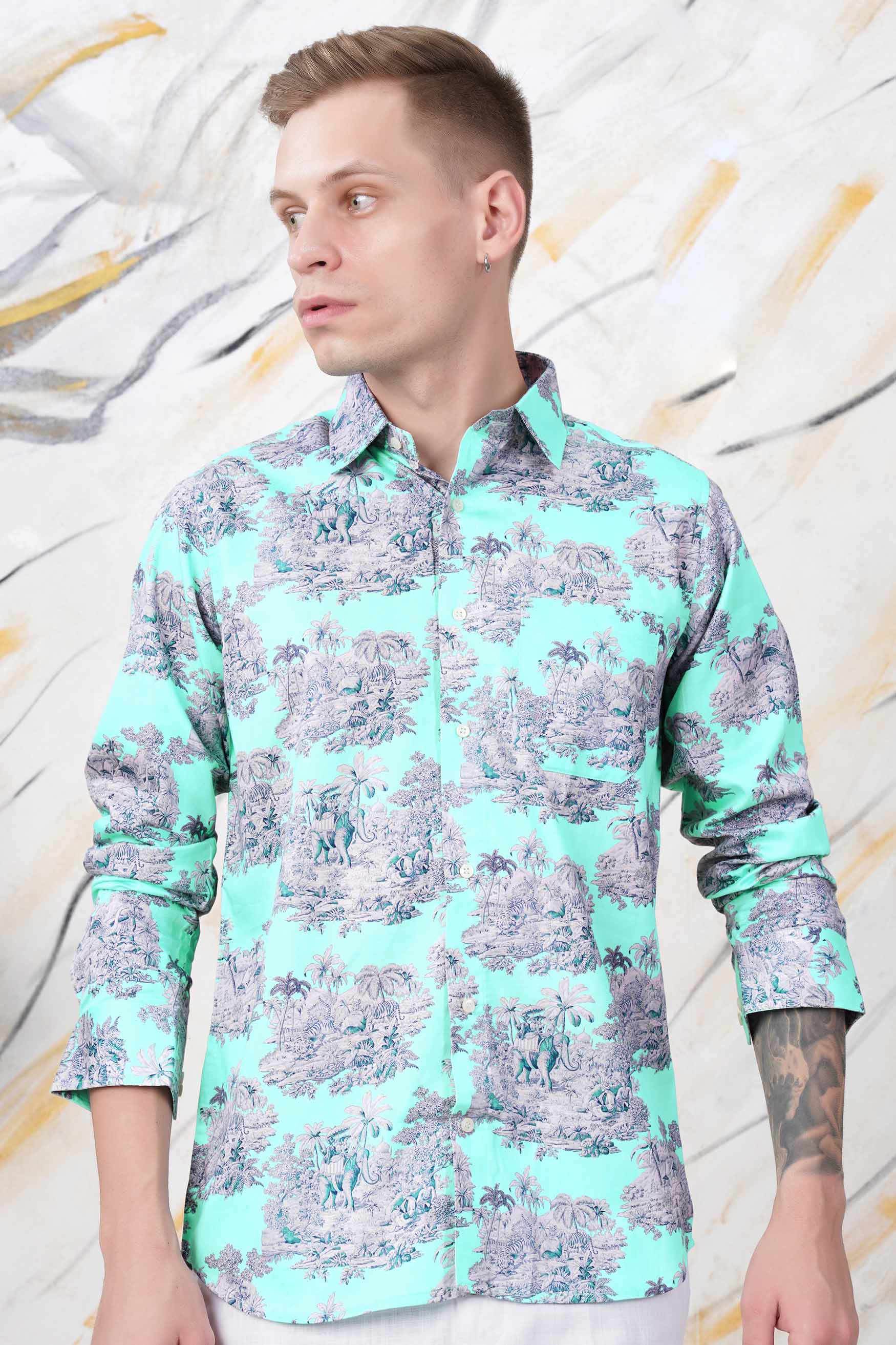 Lagoon Blue Tropical Printed Subtle Sheen Super Soft Premium Cotton Shirt