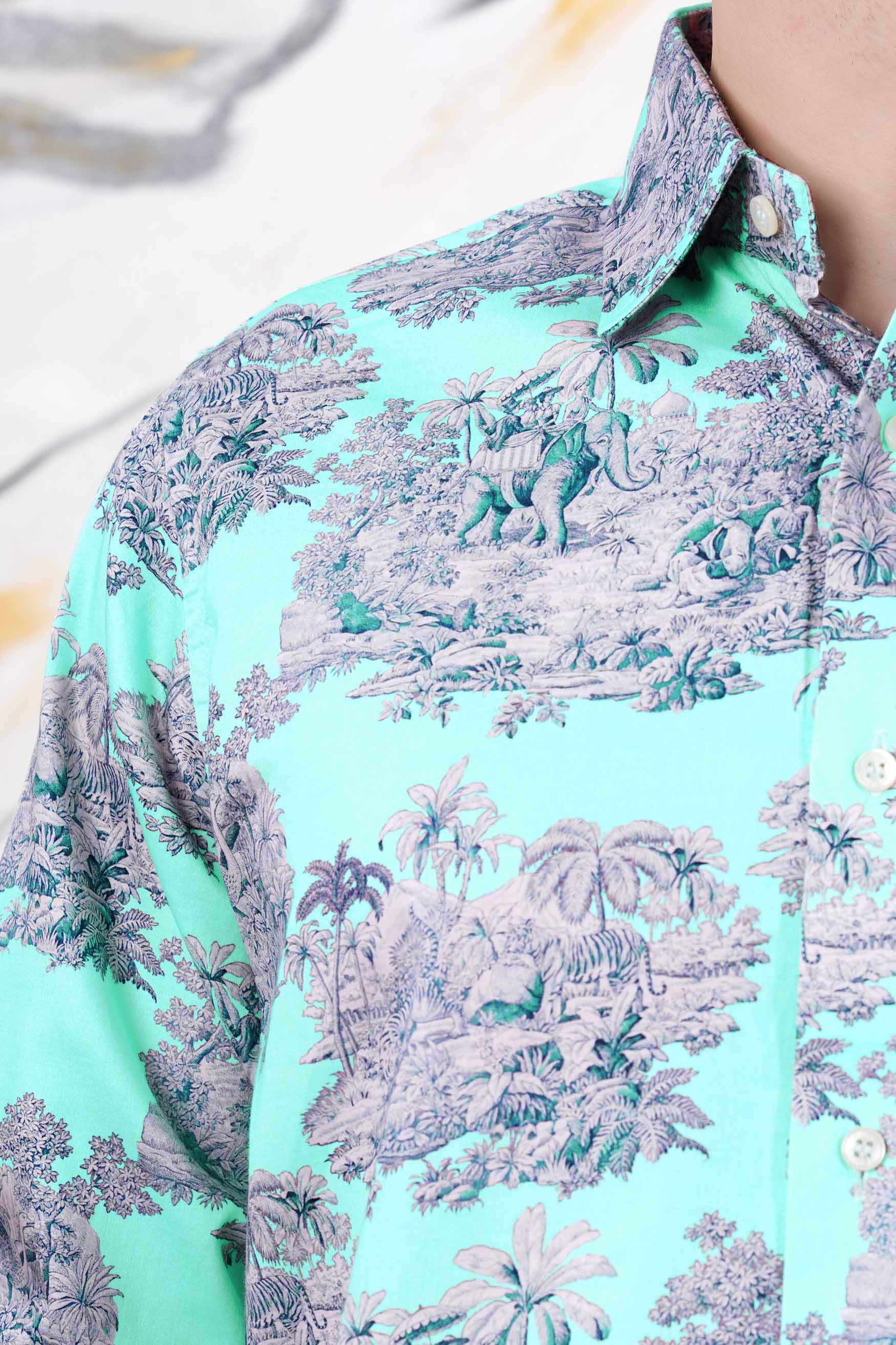 Lagoon Blue Tropical Printed Subtle Sheen Super Soft Premium Cotton Shirt