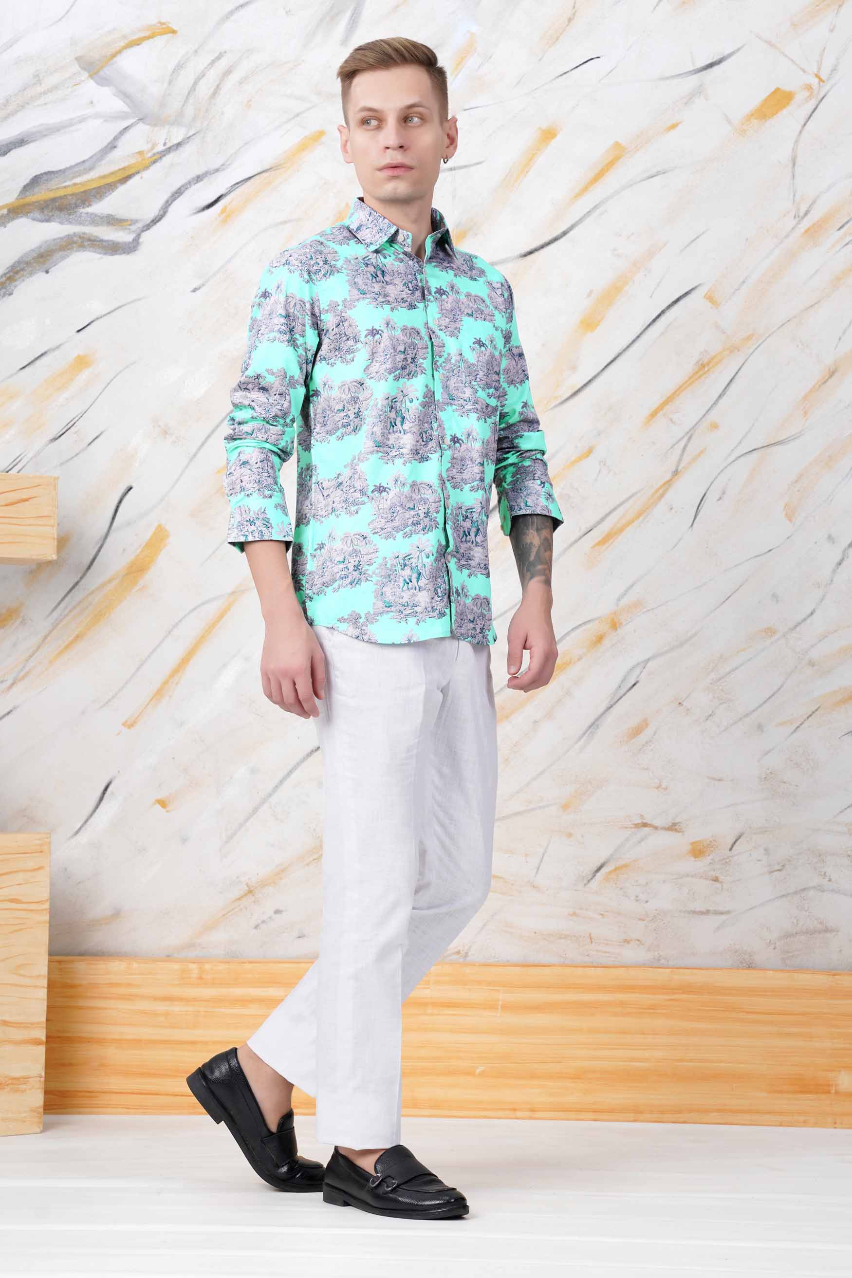 Lagoon Blue Tropical Printed Subtle Sheen Super Soft Premium Cotton Shirt