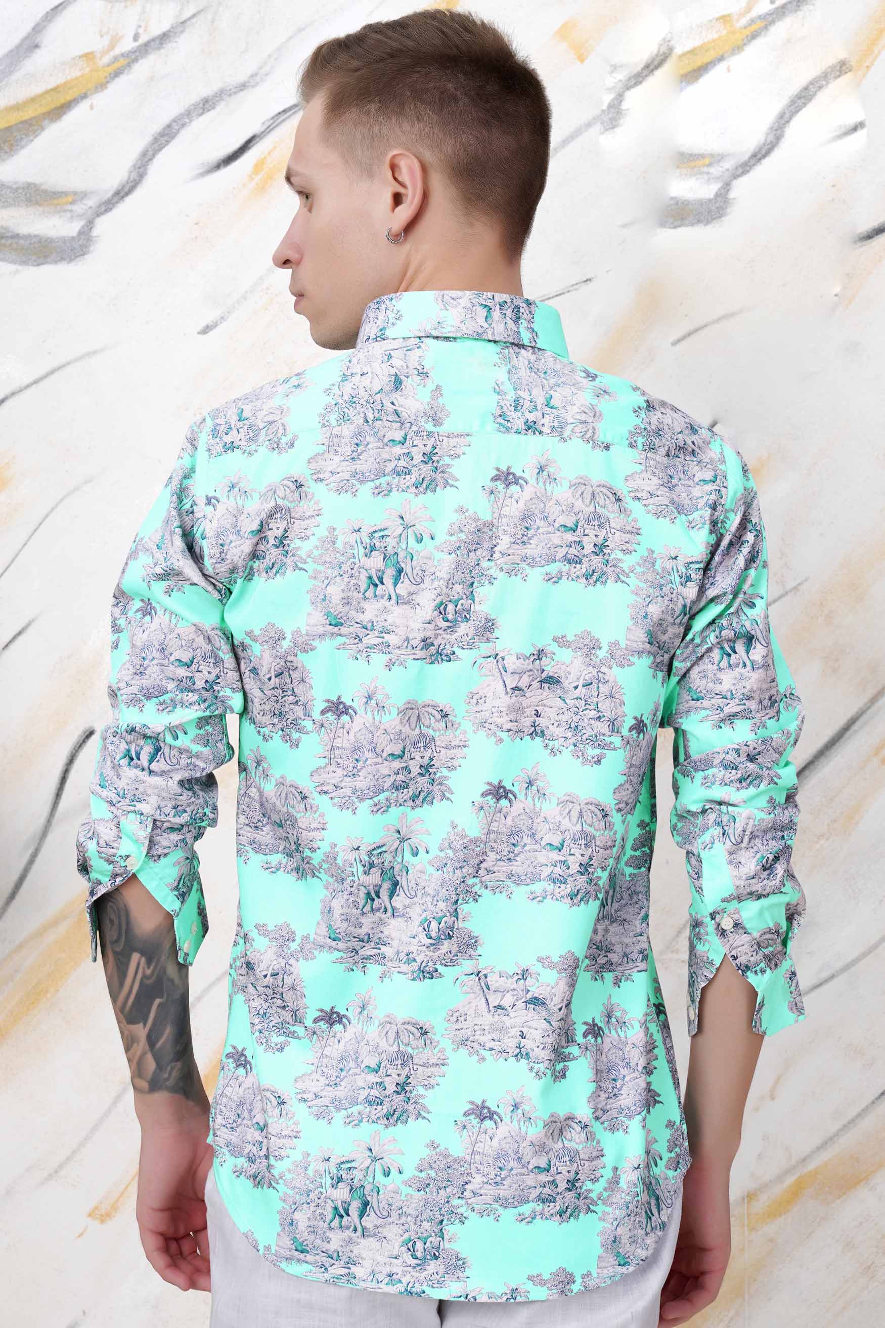 Lagoon Blue Tropical Printed Subtle Sheen Super Soft Premium Cotton Shirt