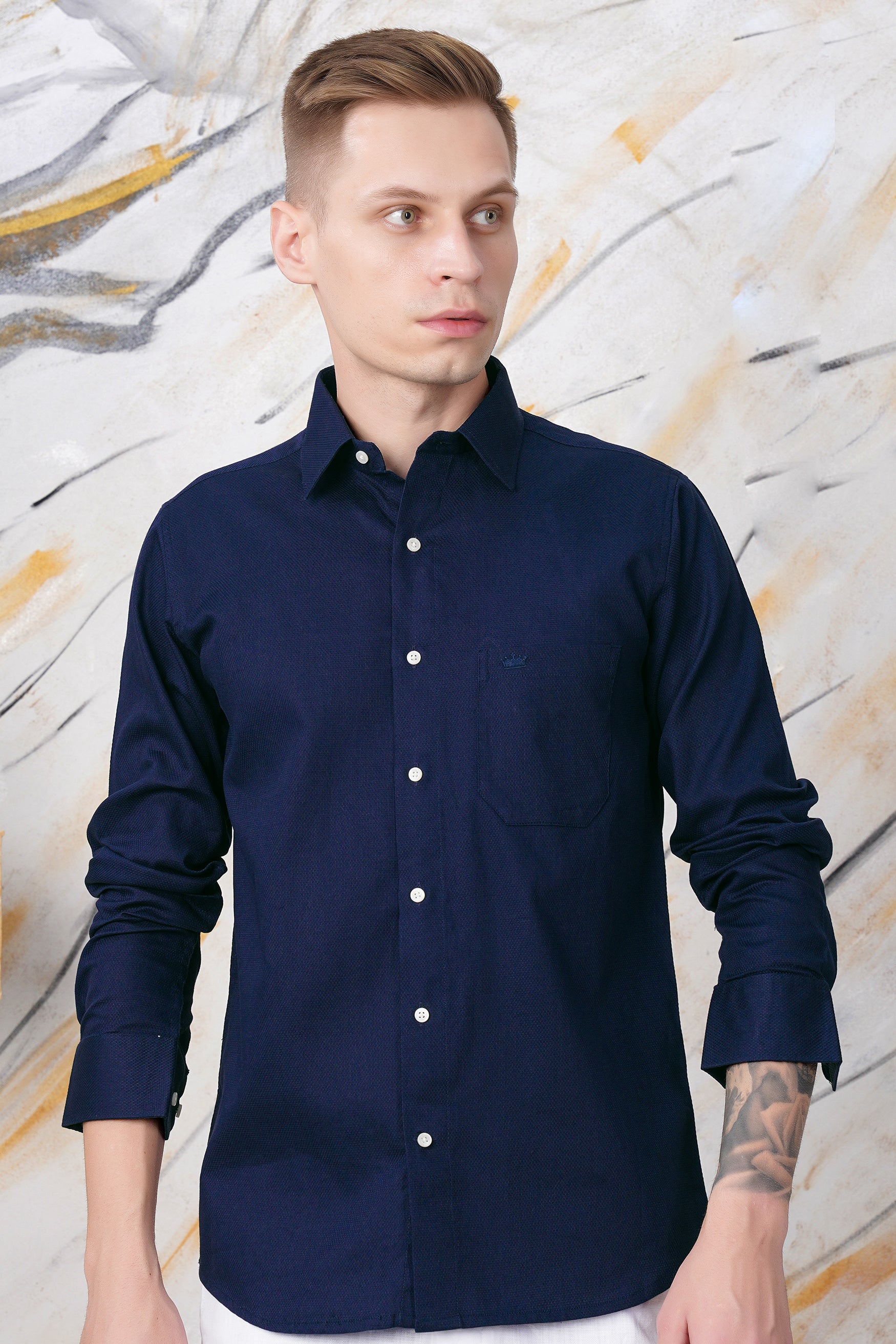 Firefly Blue Dobby Textured Premium Giza Cotton Shirt