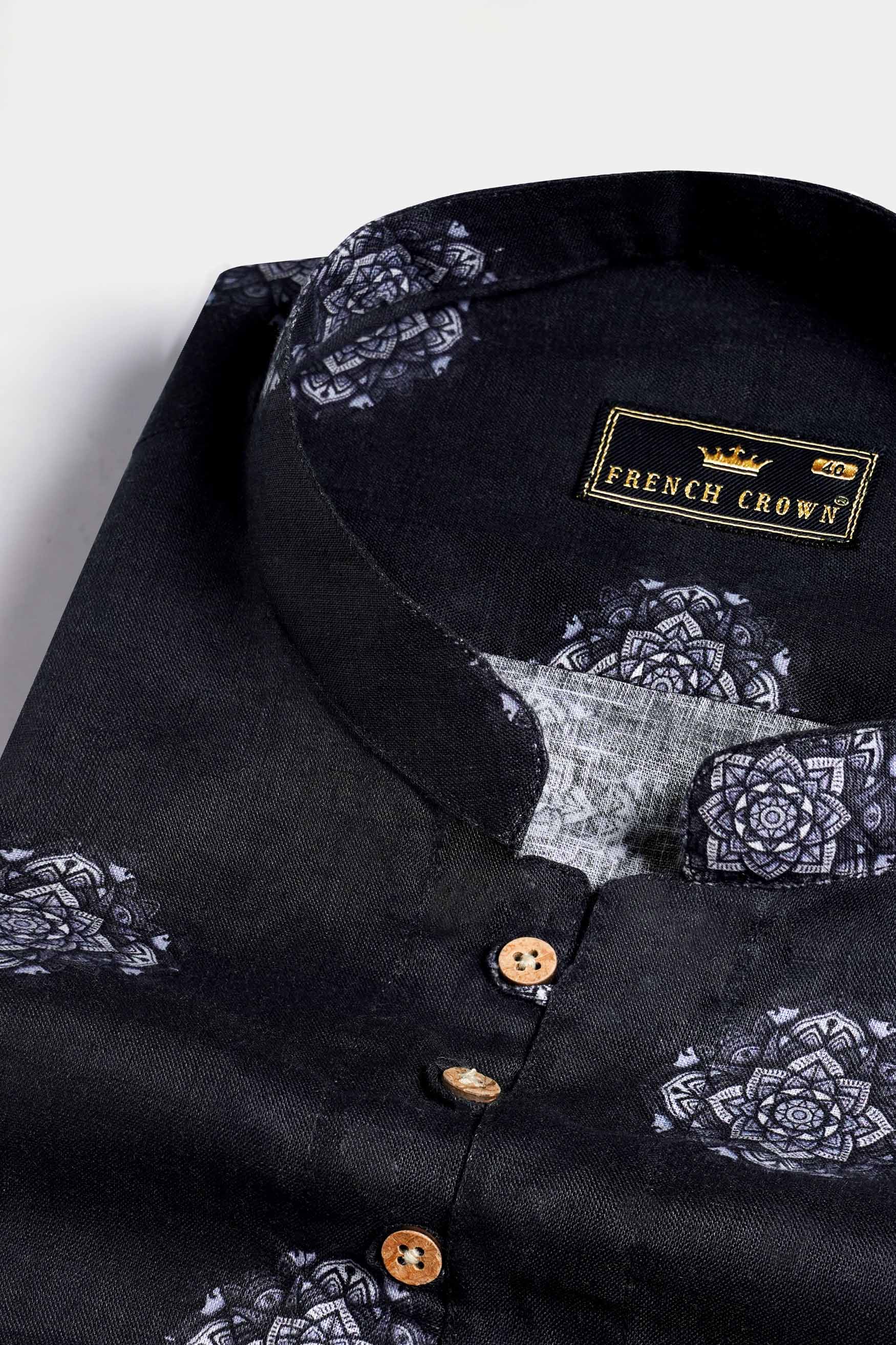 Jade Black and White Floral Printed Luxurious Linen Kurta Shirt