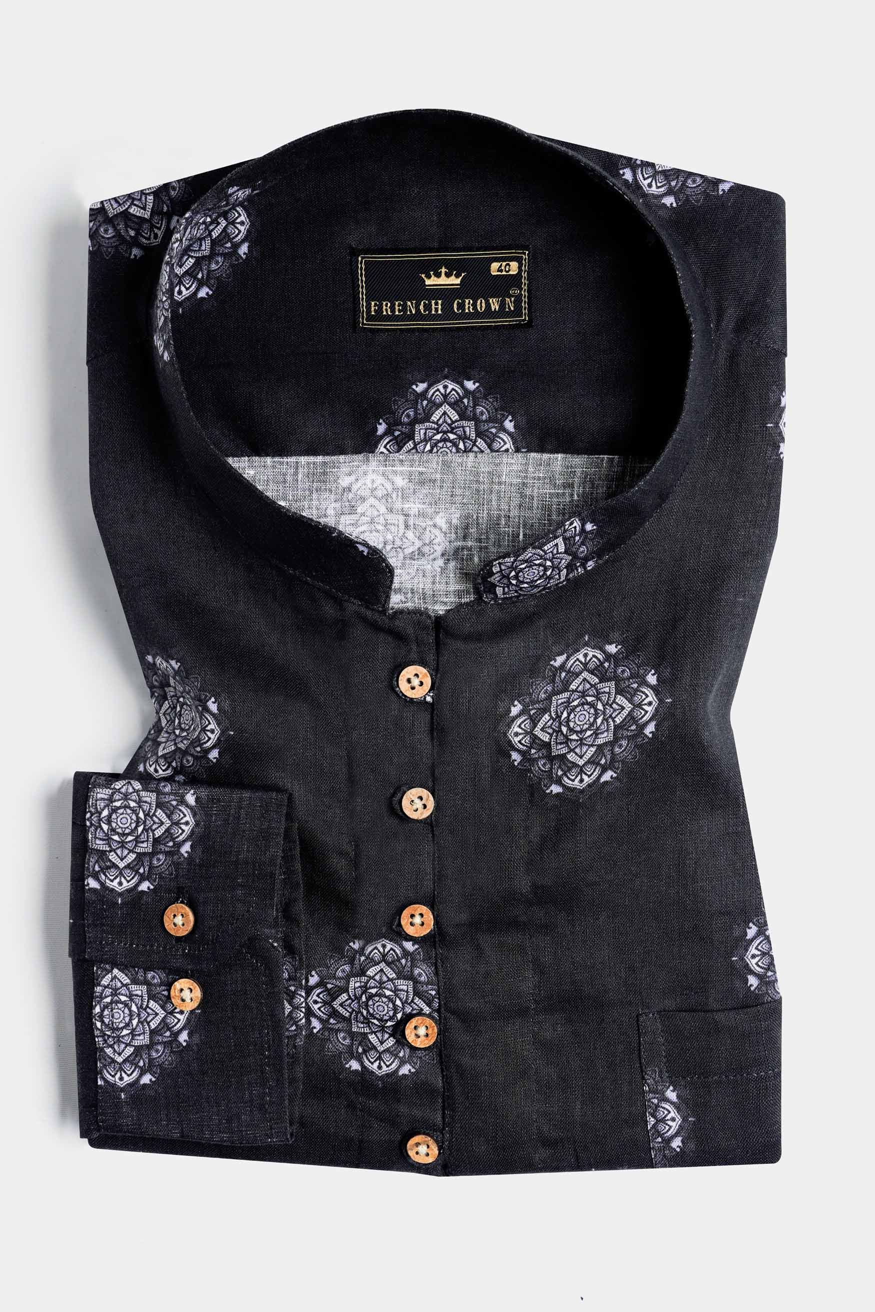 Jade Black and White Floral Printed Luxurious Linen Kurta Shirt