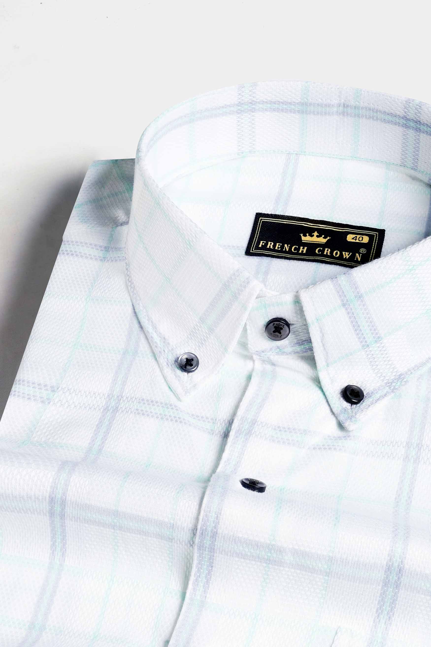 Bright White and Glacier Green Dobby Textured Premium Giza Cotton Shirt