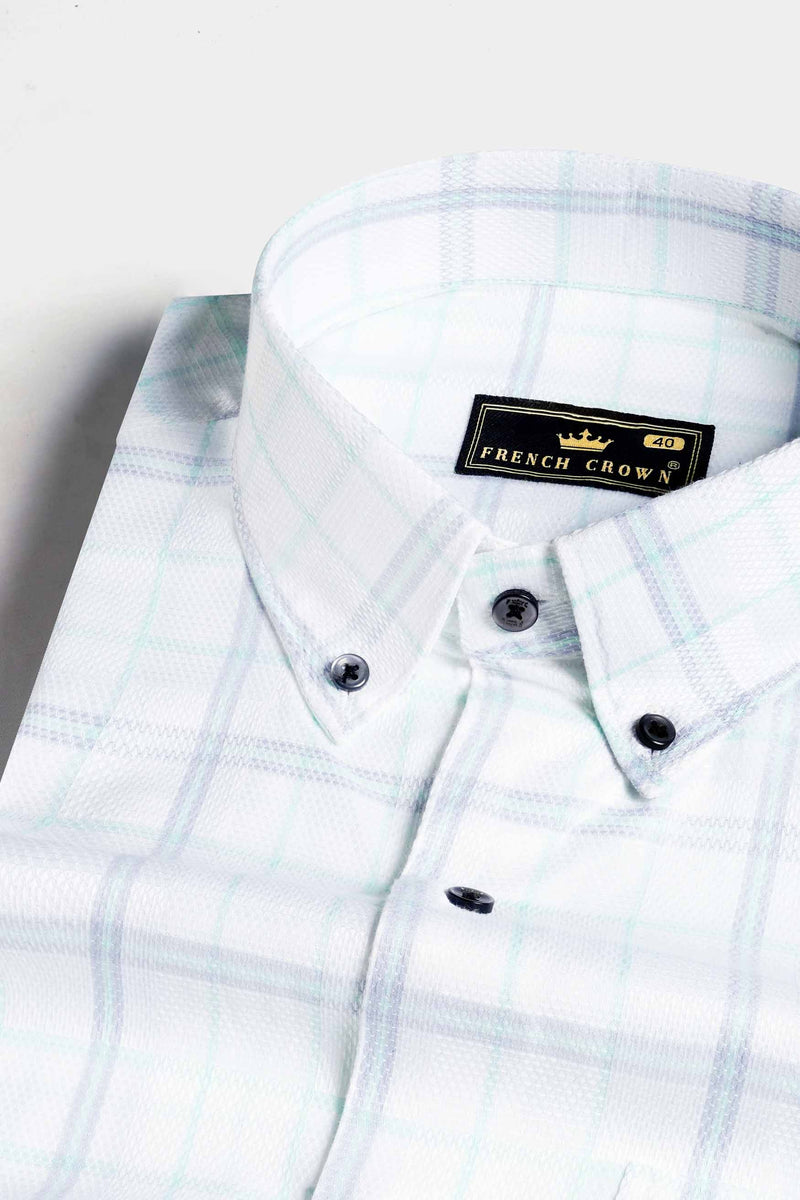 Bright White and Glacier Green Dobby Textured Premium Giza Cotton Shirt