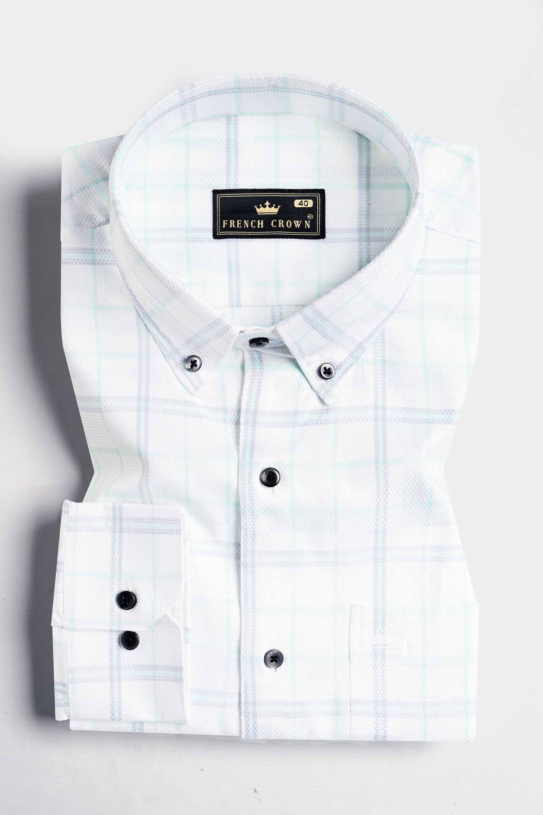 Bright White and Glacier Green Dobby Textured Premium Giza Cotton Shirt