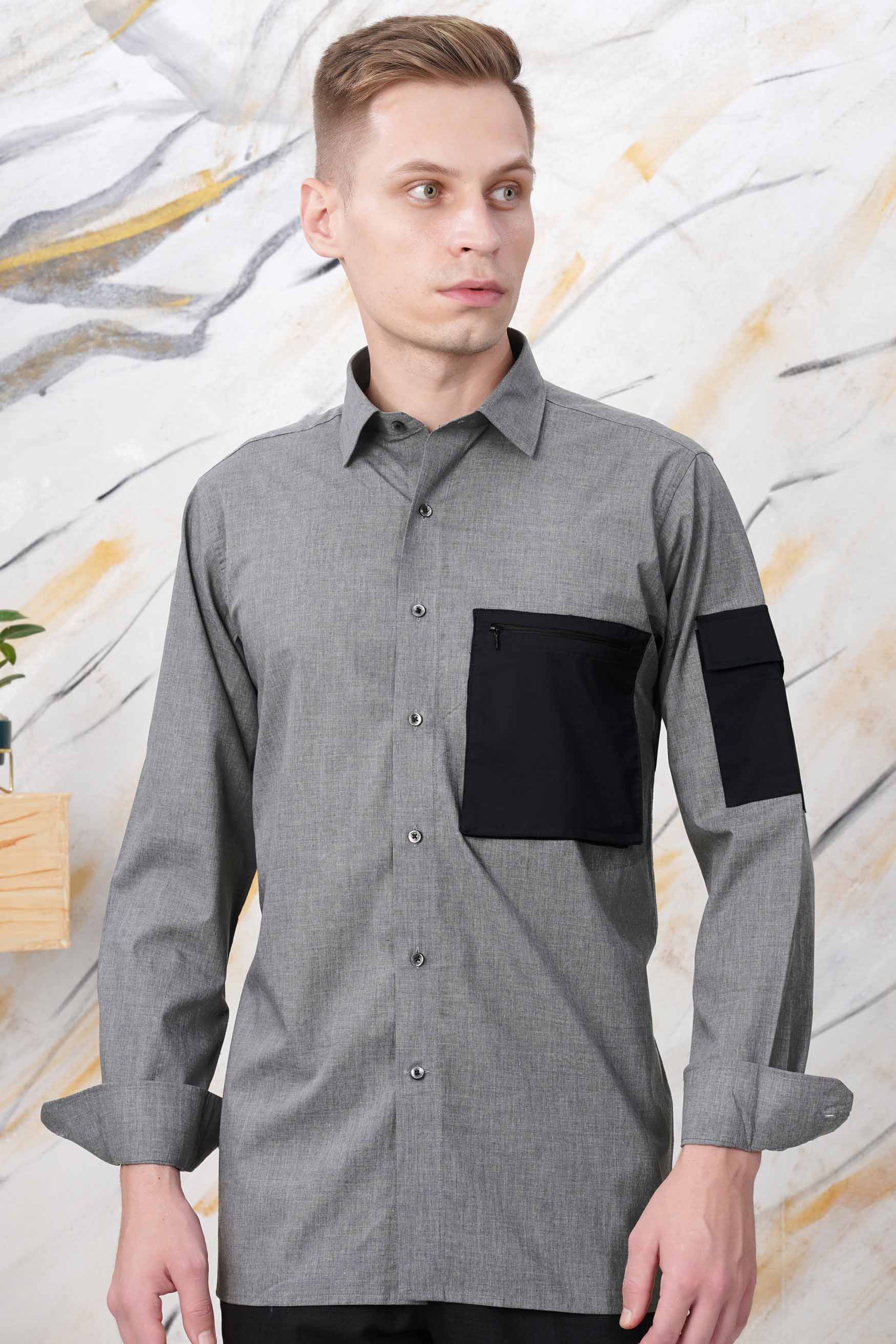 Dim Gray with Black Pockets Chambray Designer Shirt