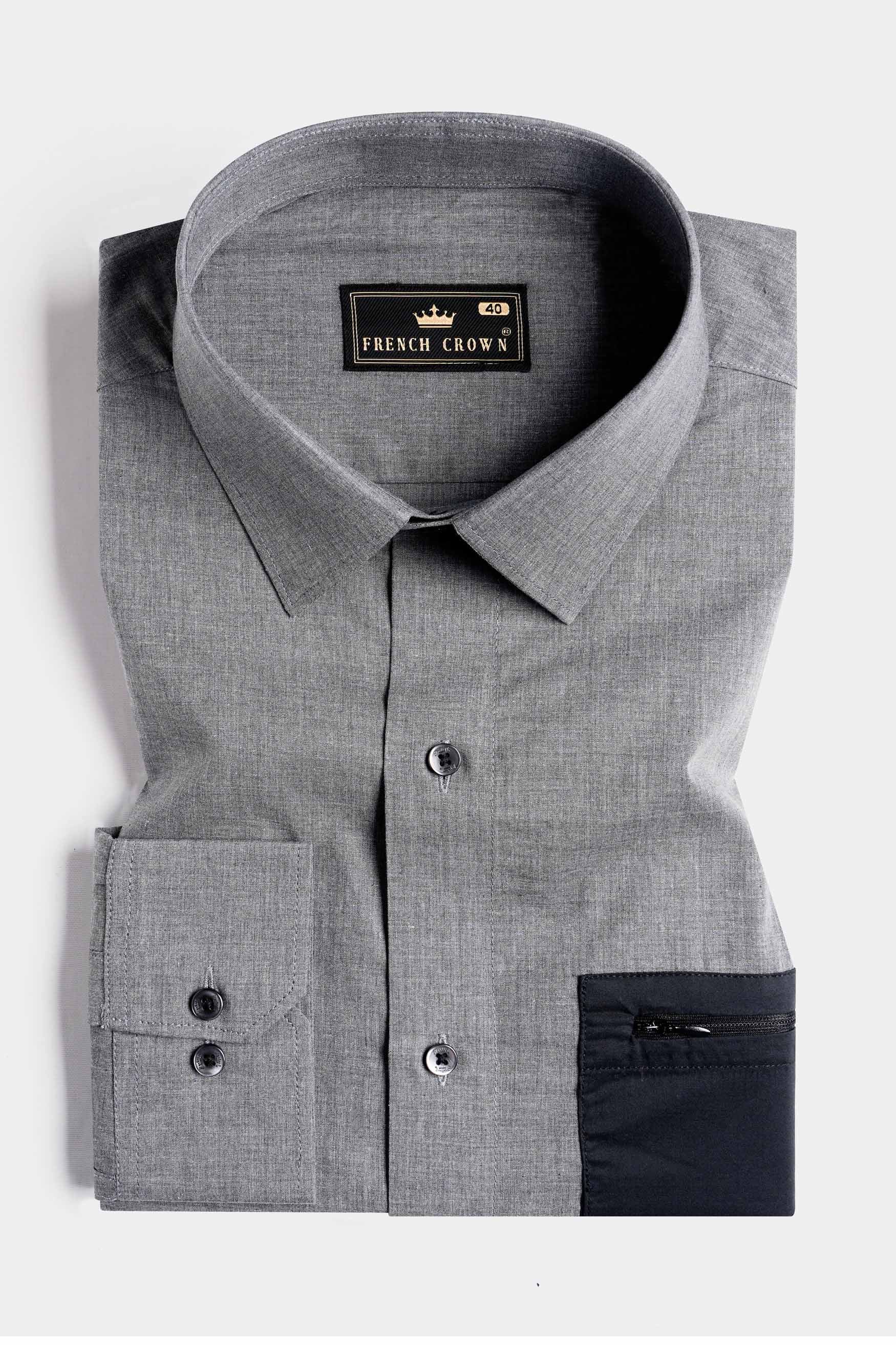Dim Gray with Black Pockets Chambray Designer Shirt
