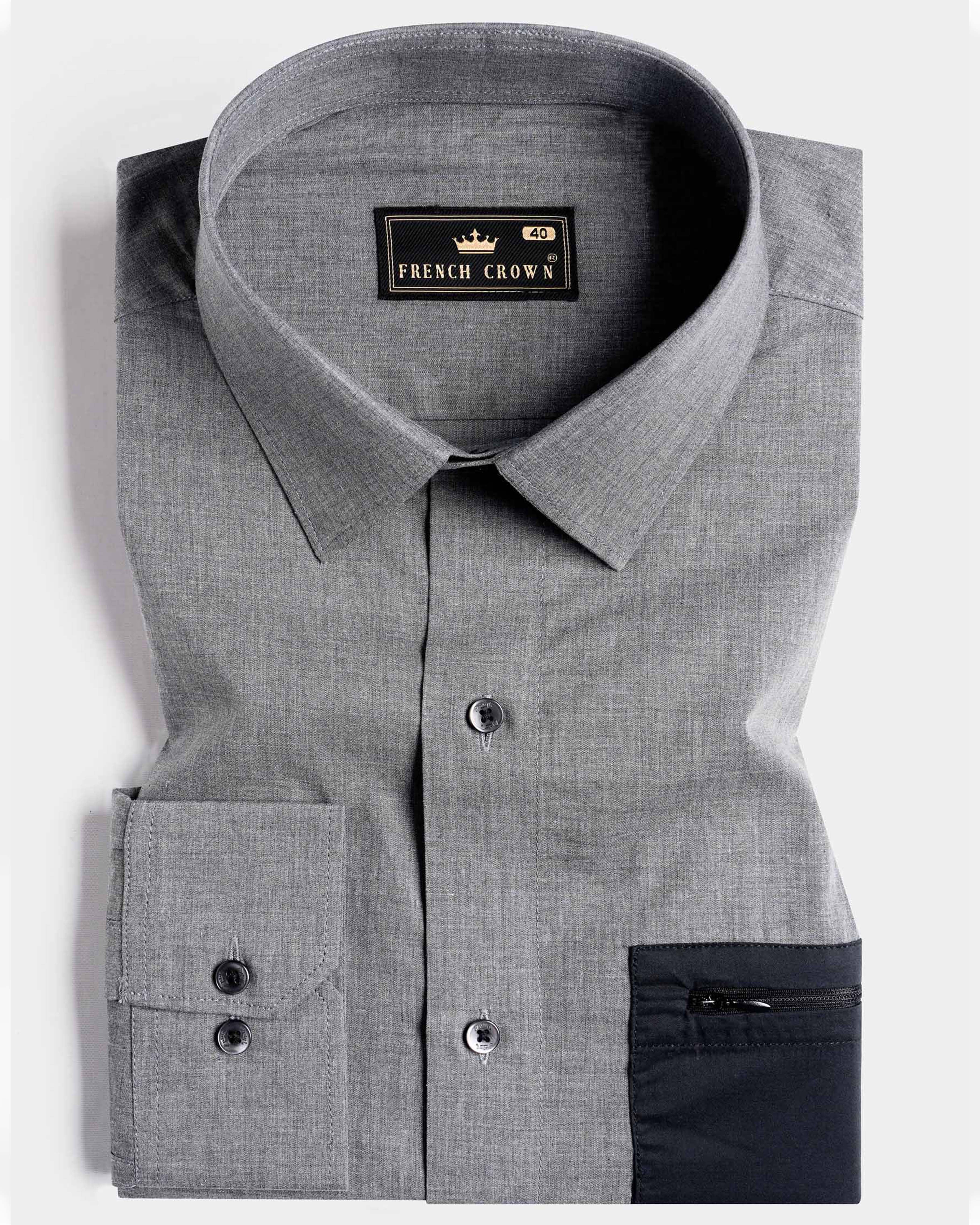 Dim Gray with Black Pockets Chambray Designer Shirt