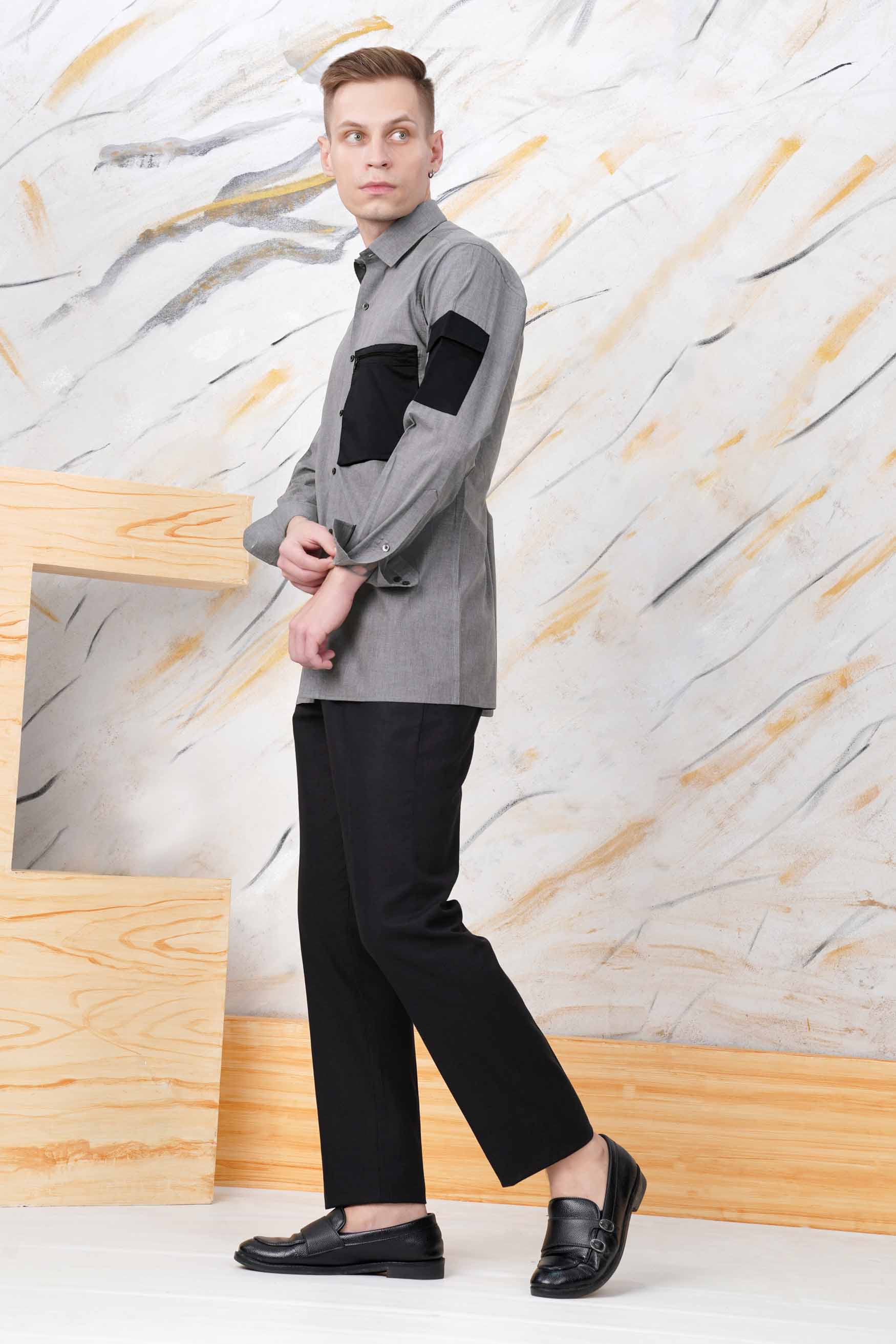 Dim Gray with Black Pockets Chambray Designer Shirt