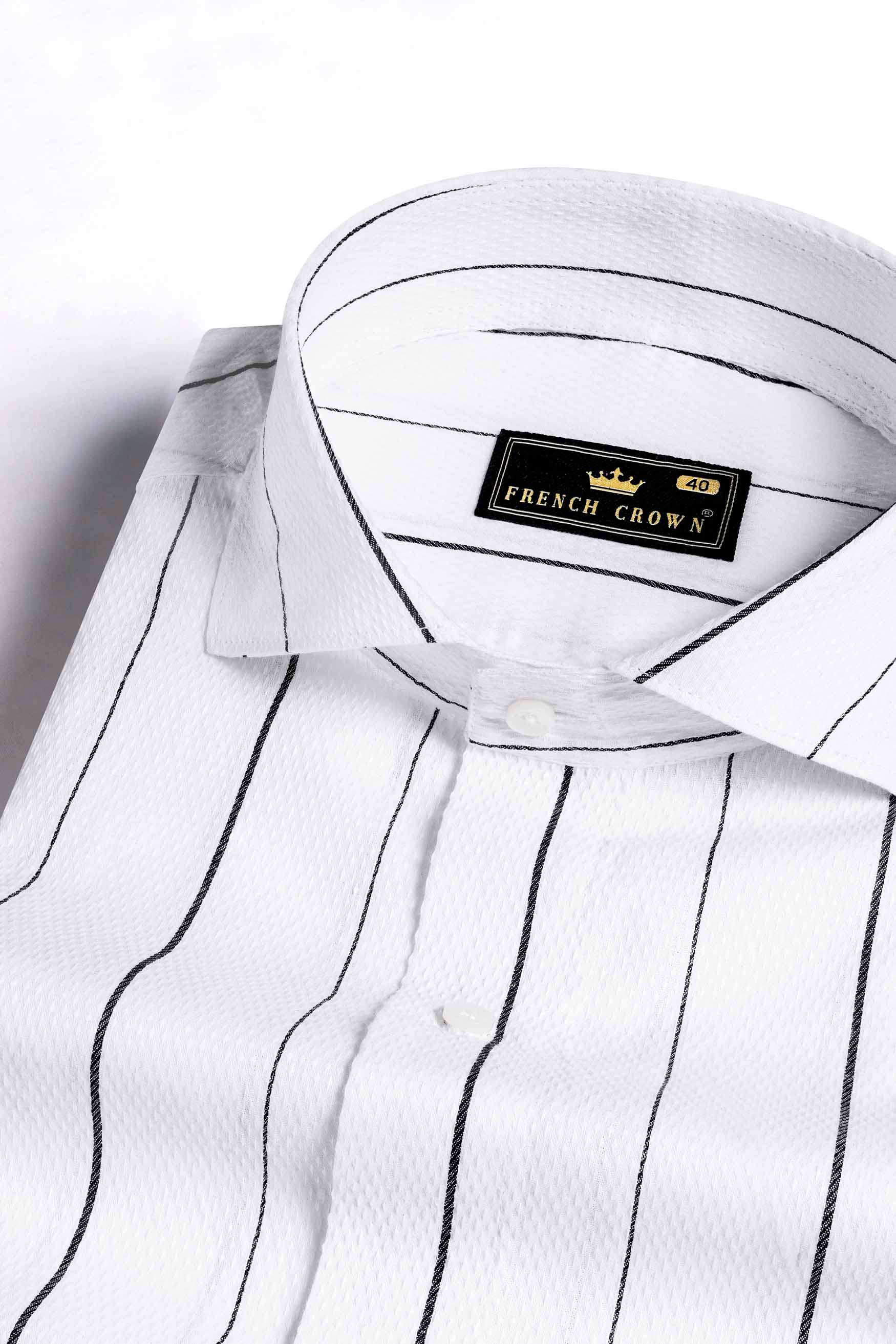 Bright White and Black Striped Dobby Textured Premium Giza Cotton Shirt