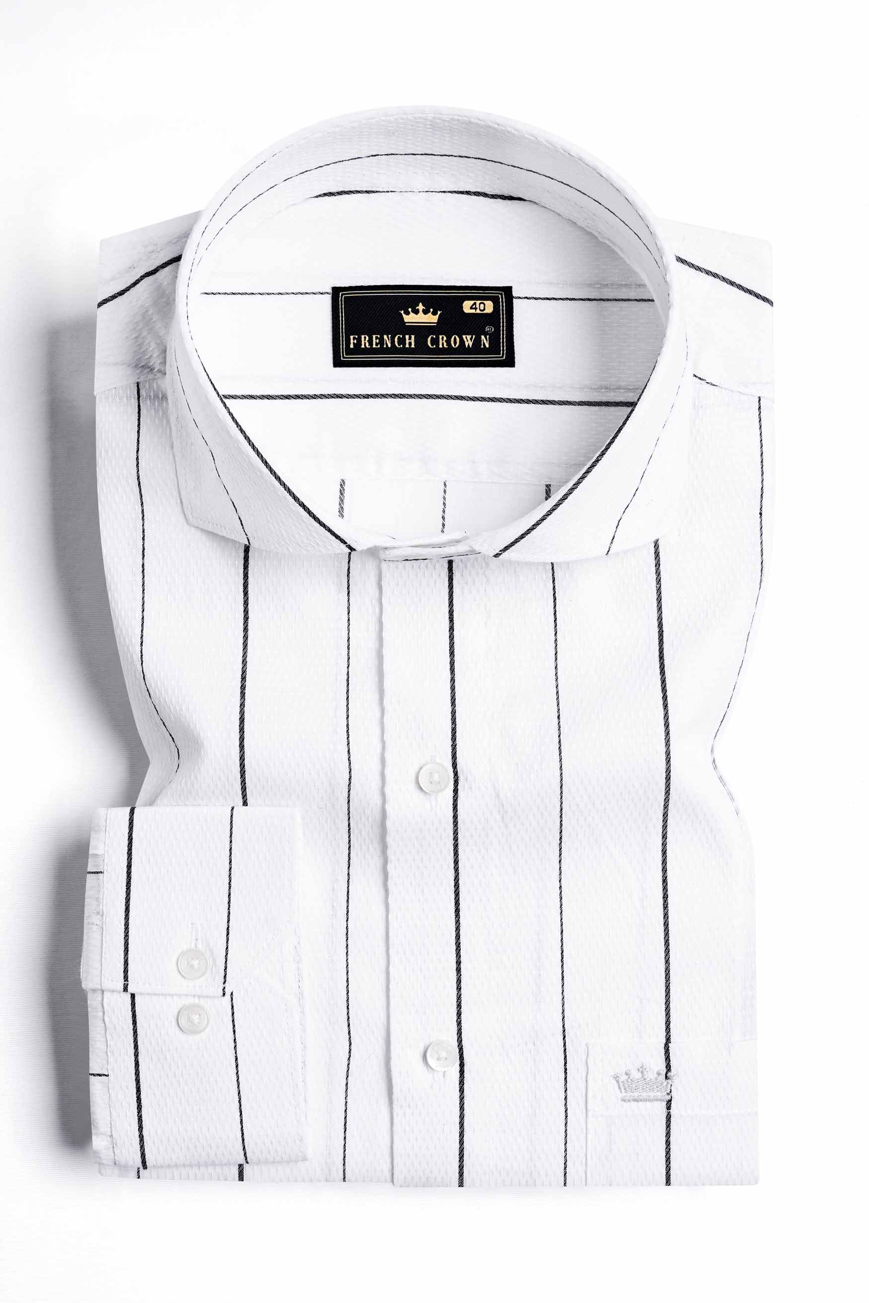 Bright White and Black Striped Dobby Textured Premium Giza Cotton Shirt