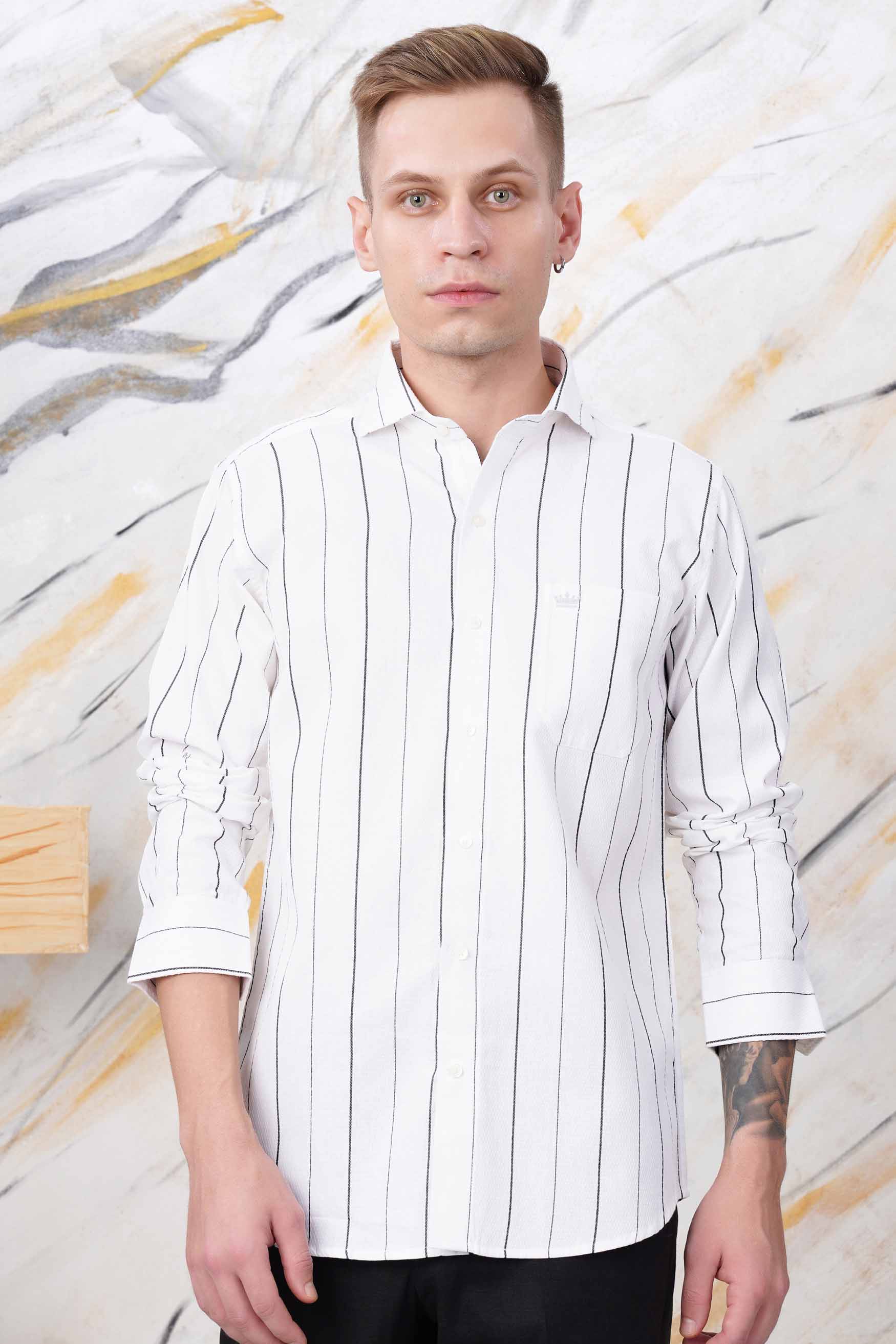 Bright White and Black Striped Dobby Textured Premium Giza Cotton Shirt