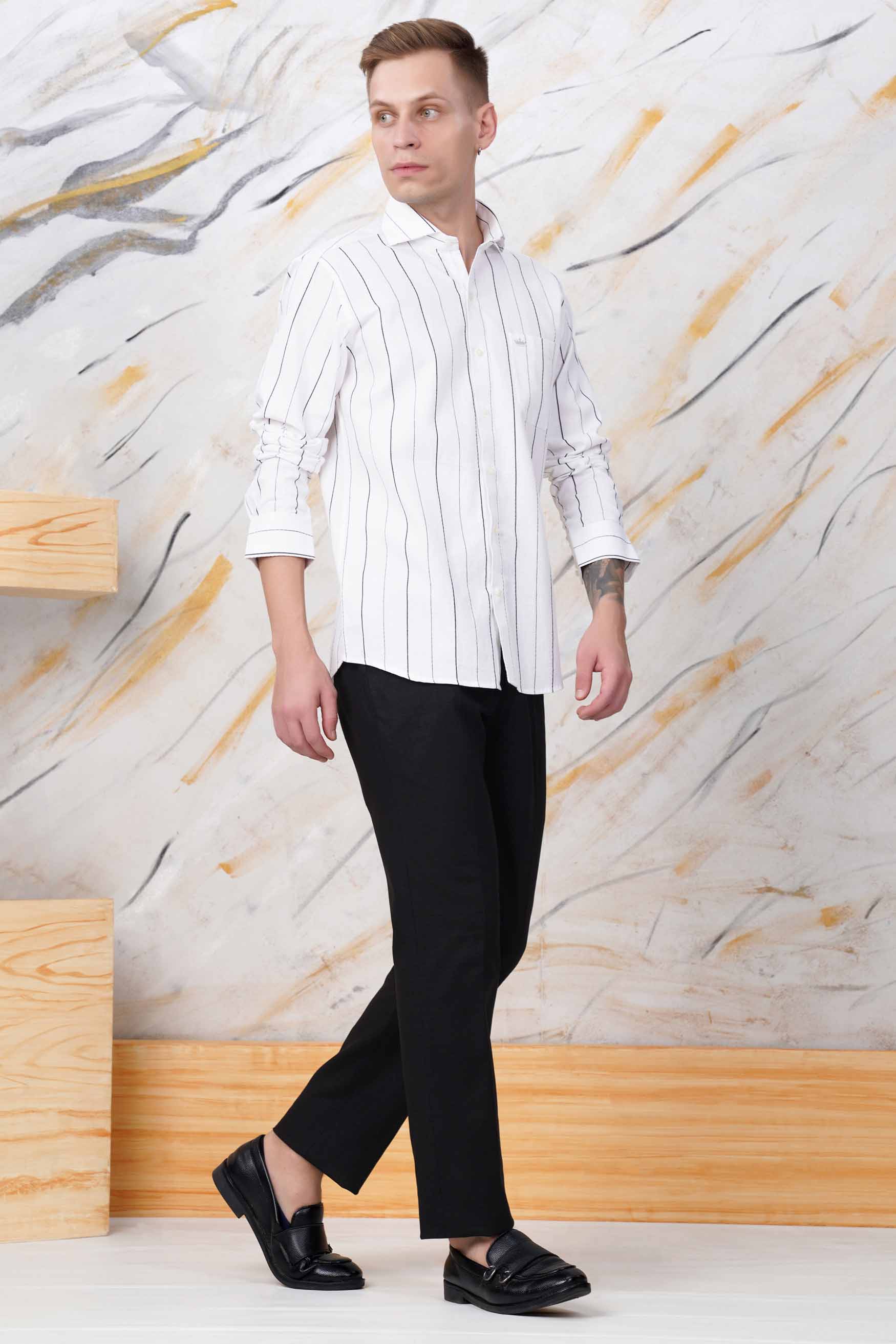 Bright White and Black Striped Dobby Textured Premium Giza Cotton Shirt