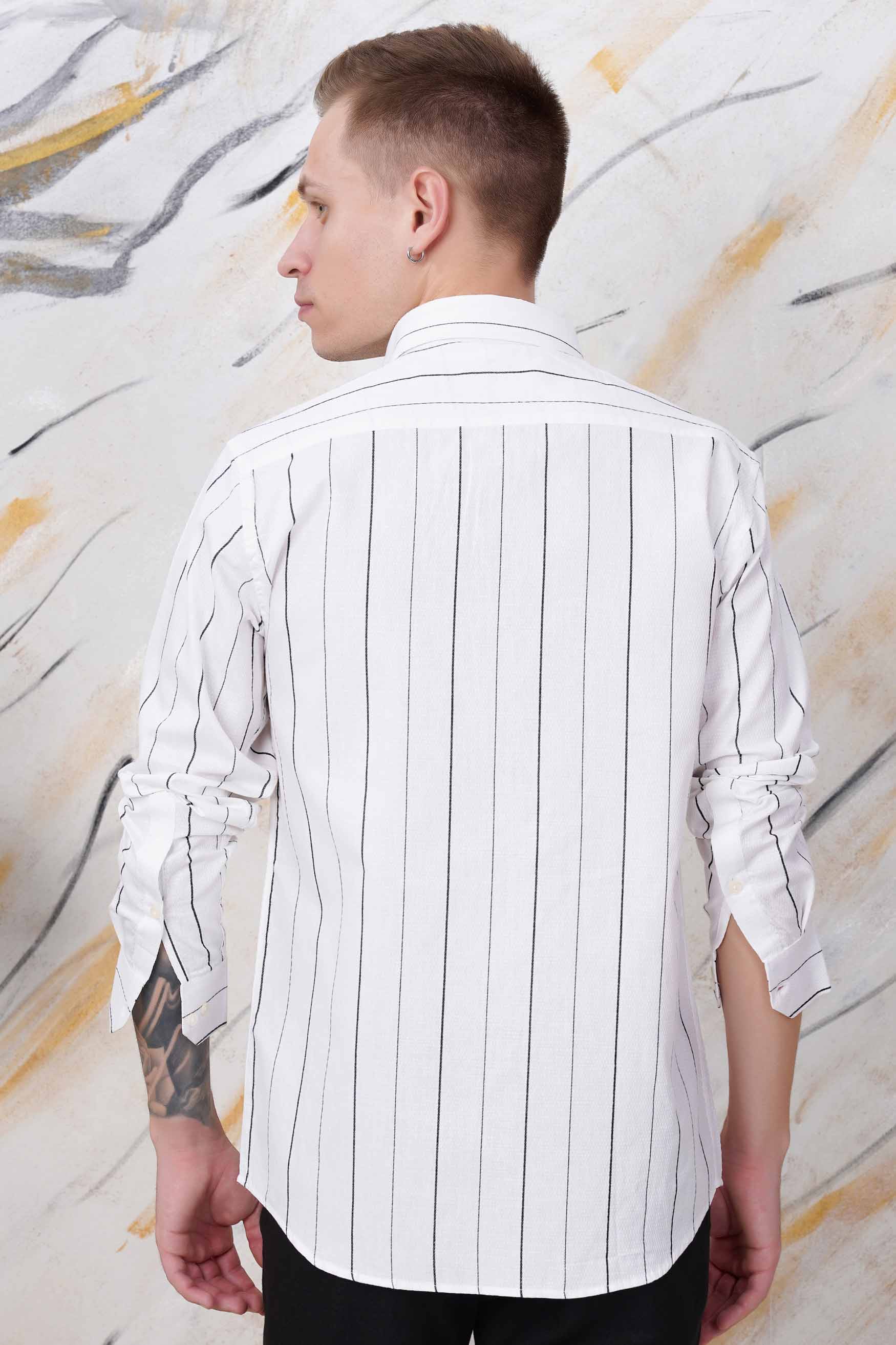 Bright White and Black Striped Dobby Textured Premium Giza Cotton Shirt