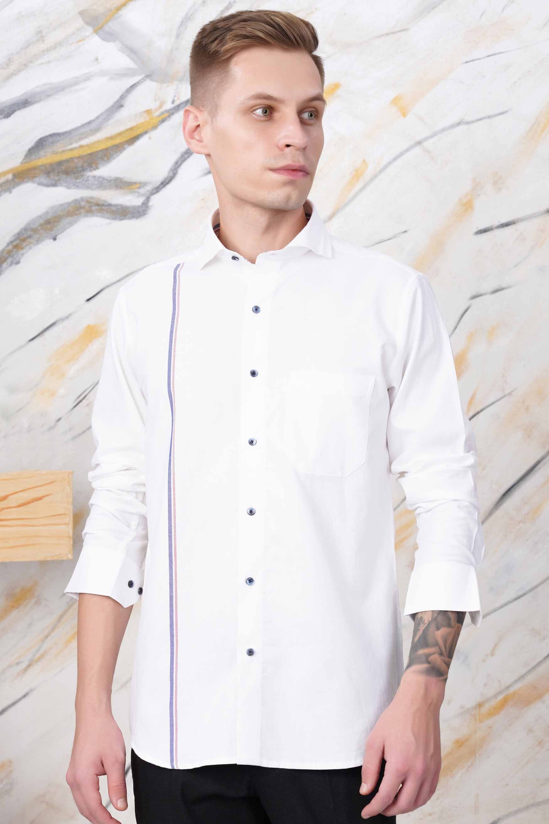 Bright White with Dusky Blue and Thulian Pink Dual Striped Royal Oxford Shirt