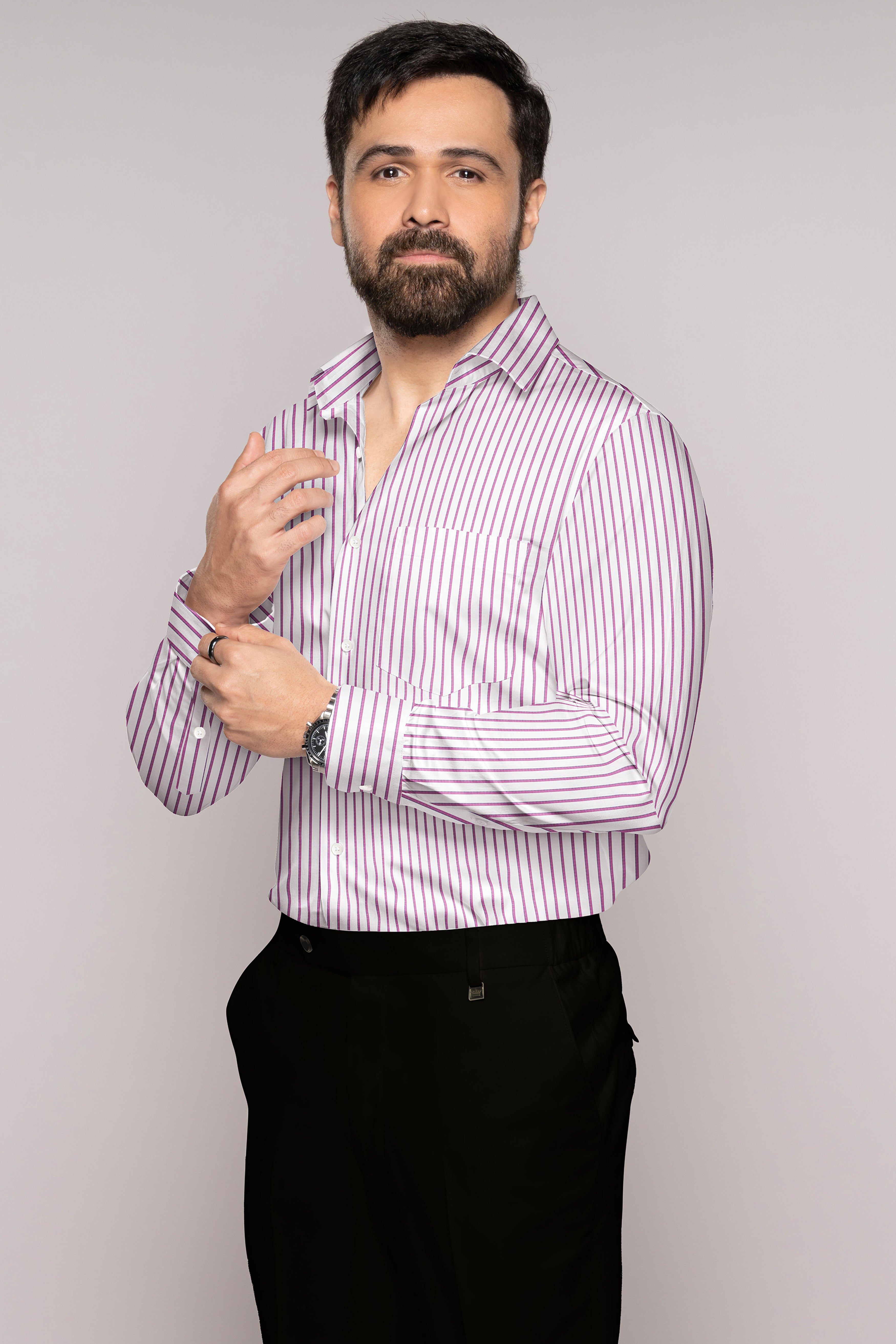 Bright White and Pansy Pink Striped Premium Cotton Shirt