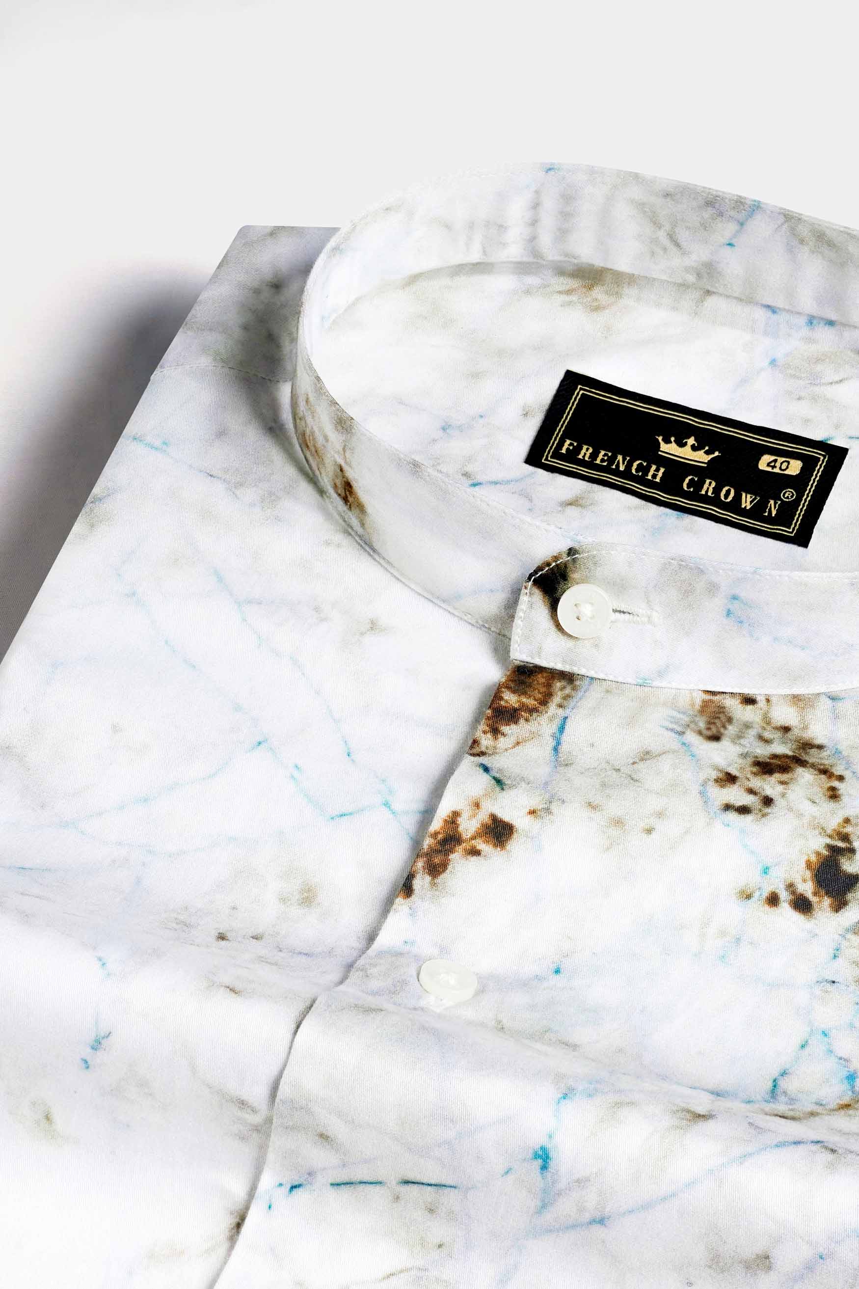 Bright White with Bistre Brown and Hoki Blue Tie Dye Printed Subtle Sheen Super Soft Premium Cotton Shirt
