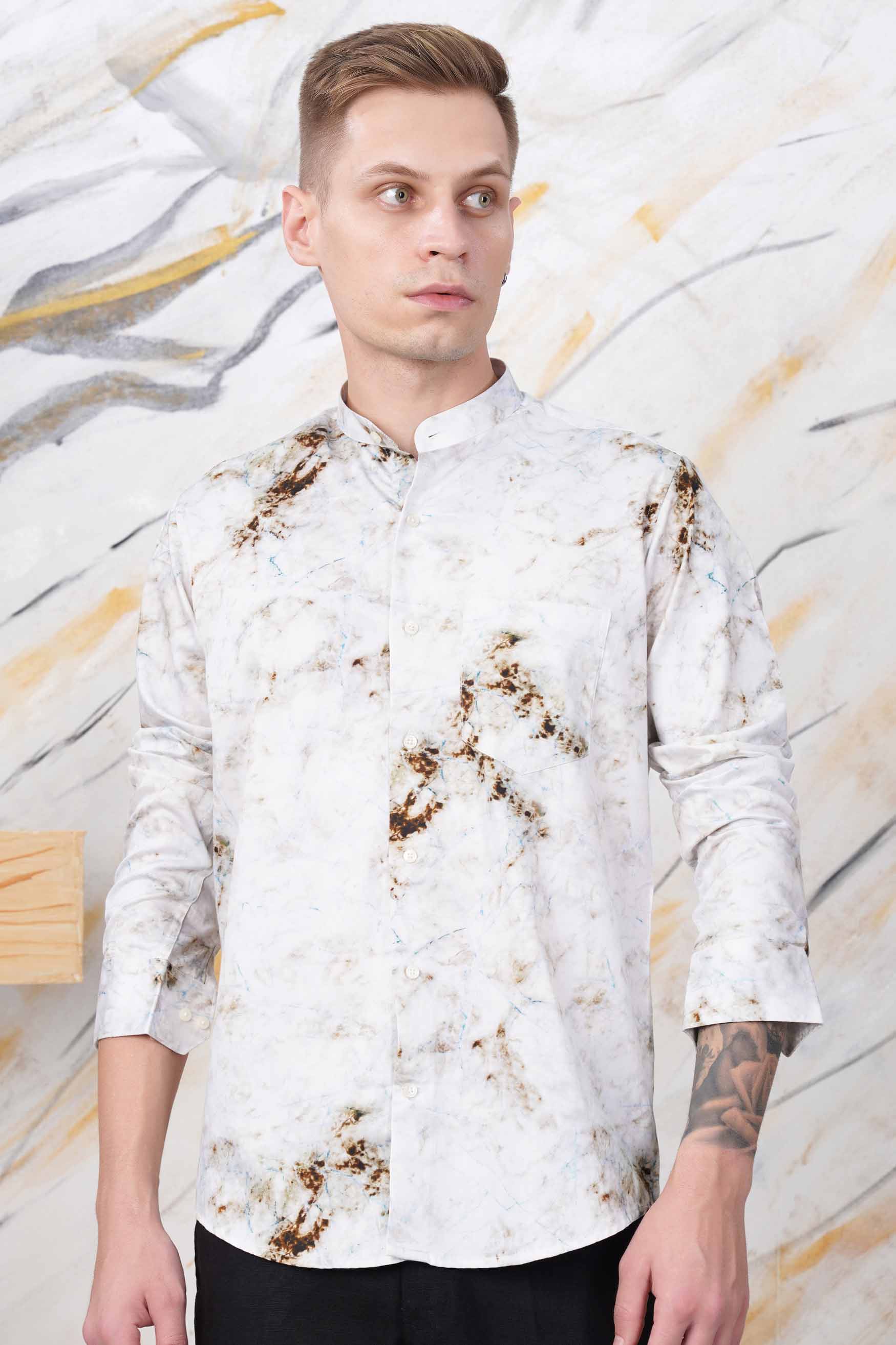 Bright White with Bistre Brown and Hoki Blue Tie Dye Printed Subtle Sheen Super Soft Premium Cotton Shirt