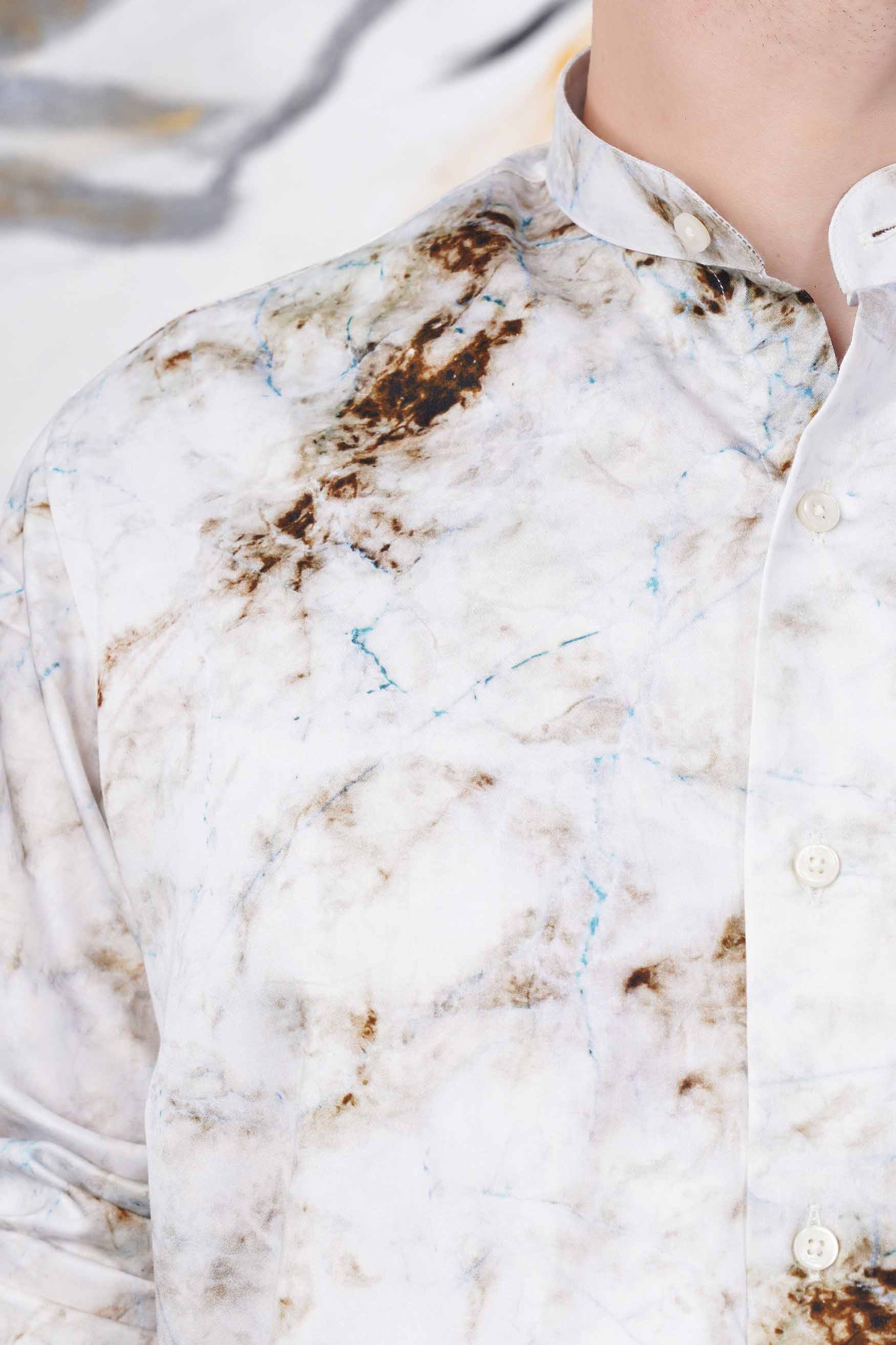 Bright White with Bistre Brown and Hoki Blue Tie Dye Printed Subtle Sheen Super Soft Premium Cotton Shirt