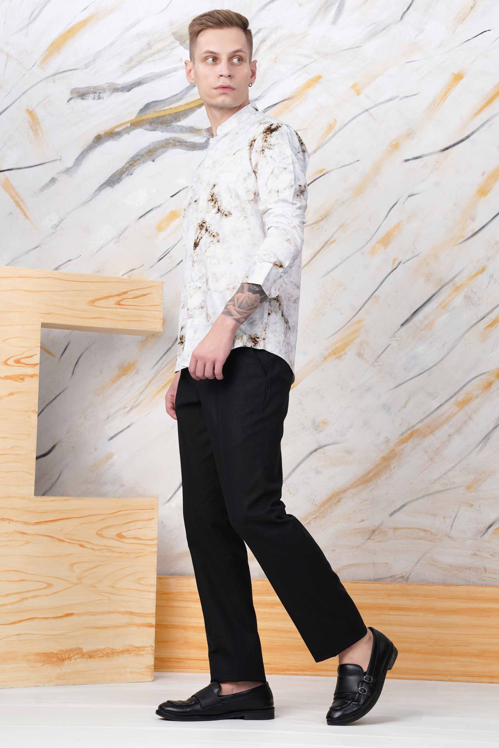 Bright White with Bistre Brown and Hoki Blue Tie Dye Printed Subtle Sheen Super Soft Premium Cotton Shirt