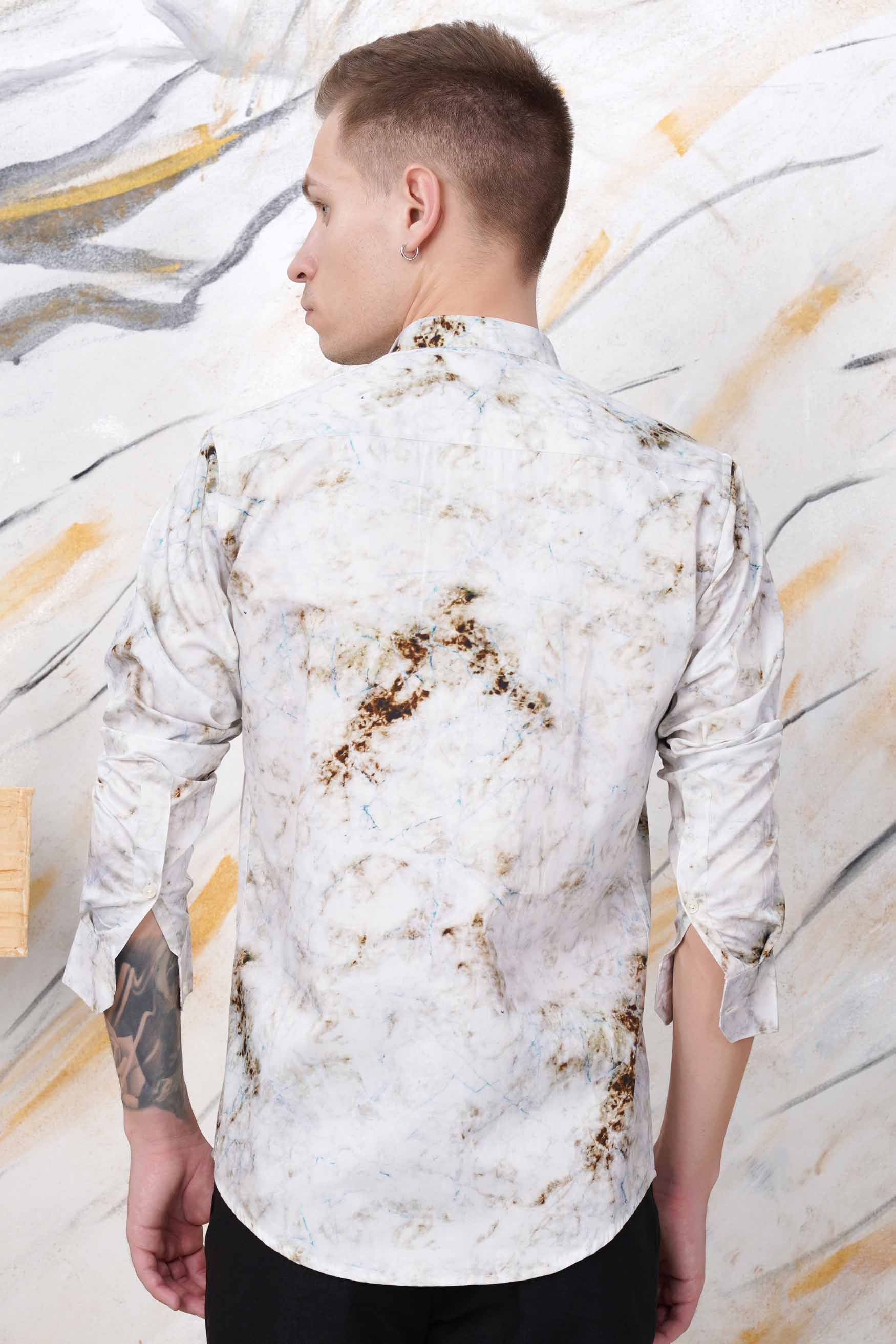 Bright White with Bistre Brown and Hoki Blue Tie Dye Printed Subtle Sheen Super Soft Premium Cotton Shirt