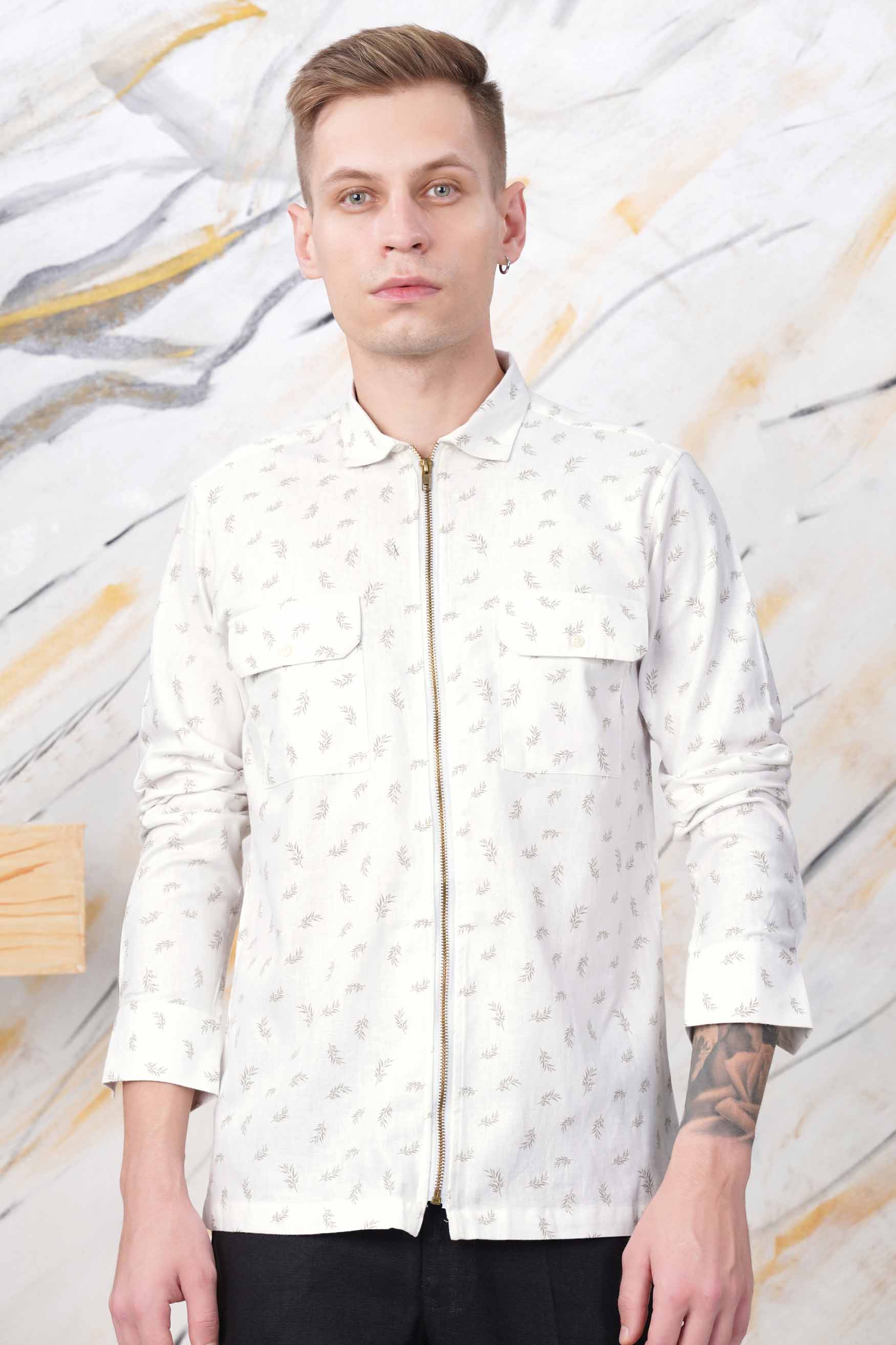 Bright White Leaves Printed Royal Oxford Designer Shirt with Zipper Closure