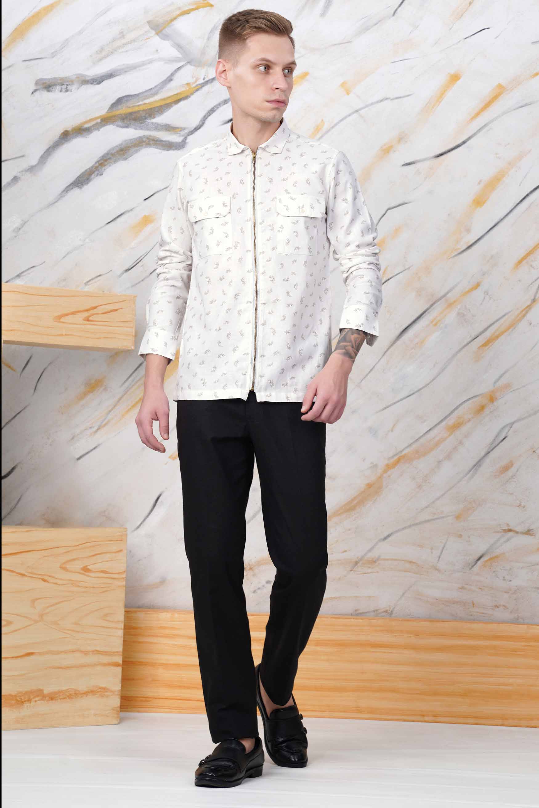 Bright White Leaves Printed Royal Oxford Designer Shirt with Zipper Closure