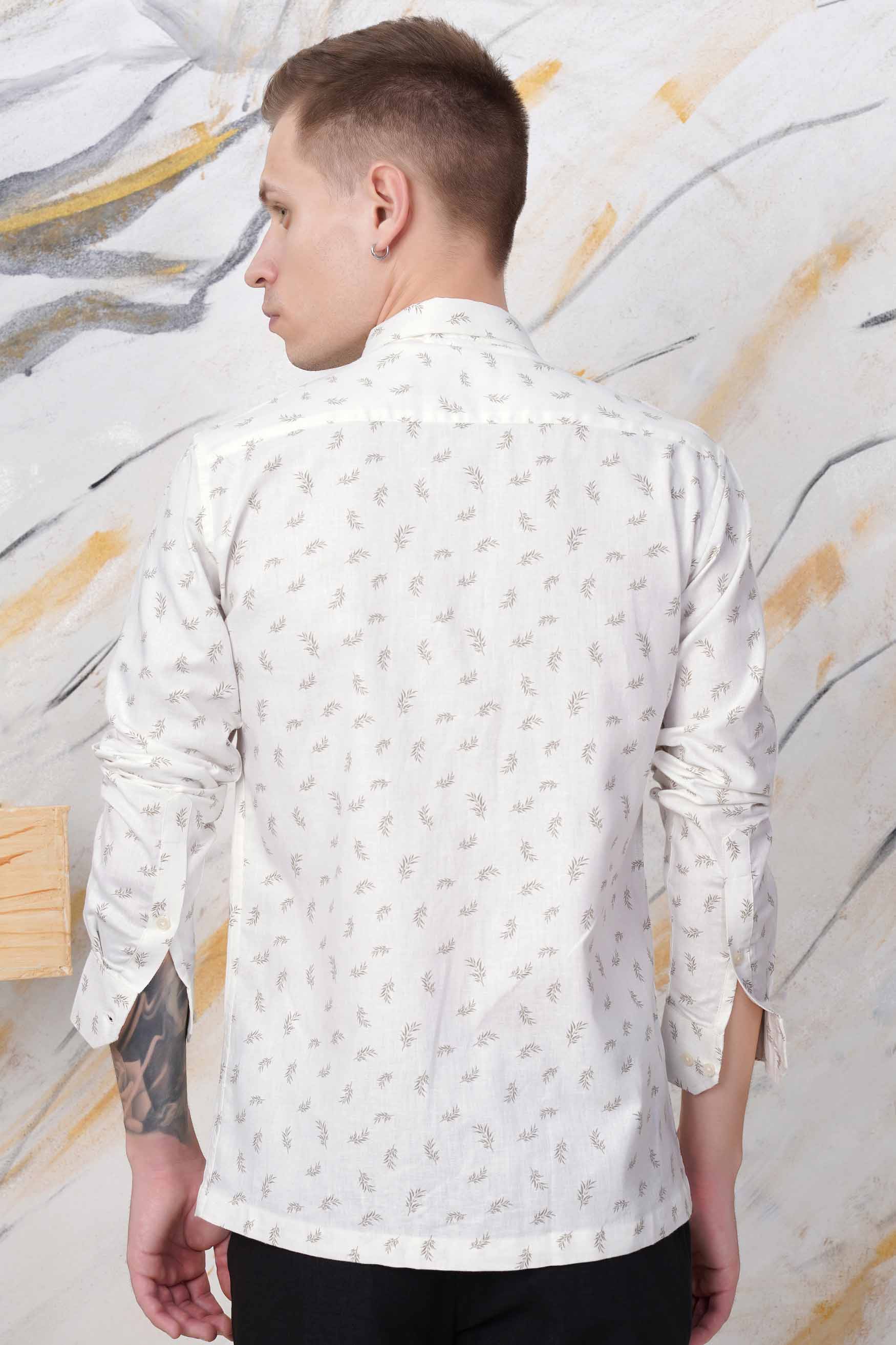 Bright White Leaves Printed Royal Oxford Designer Shirt with Zipper Closure