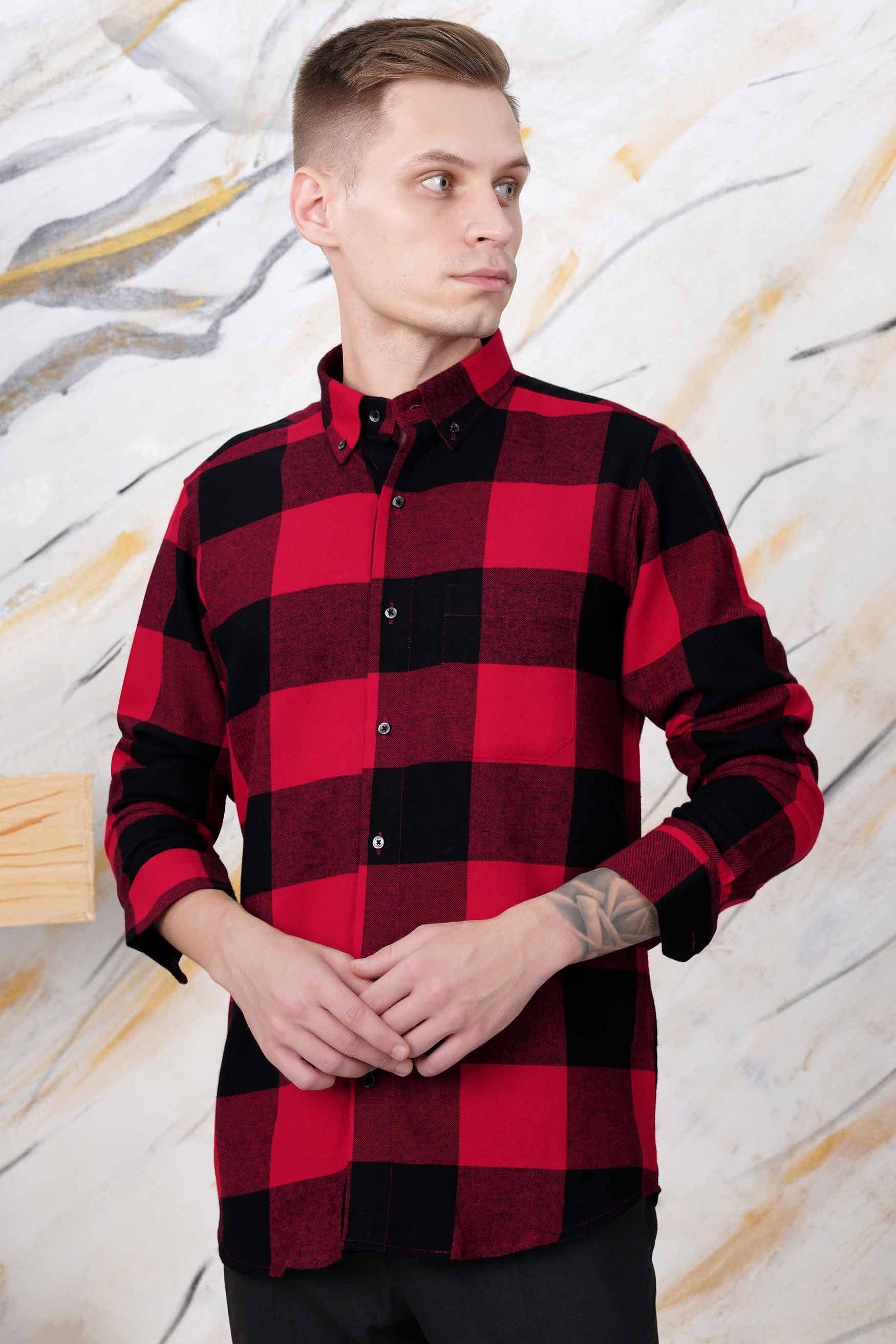 Cornell Red and Cinder Black Checked Flannel Button Down Shirt
