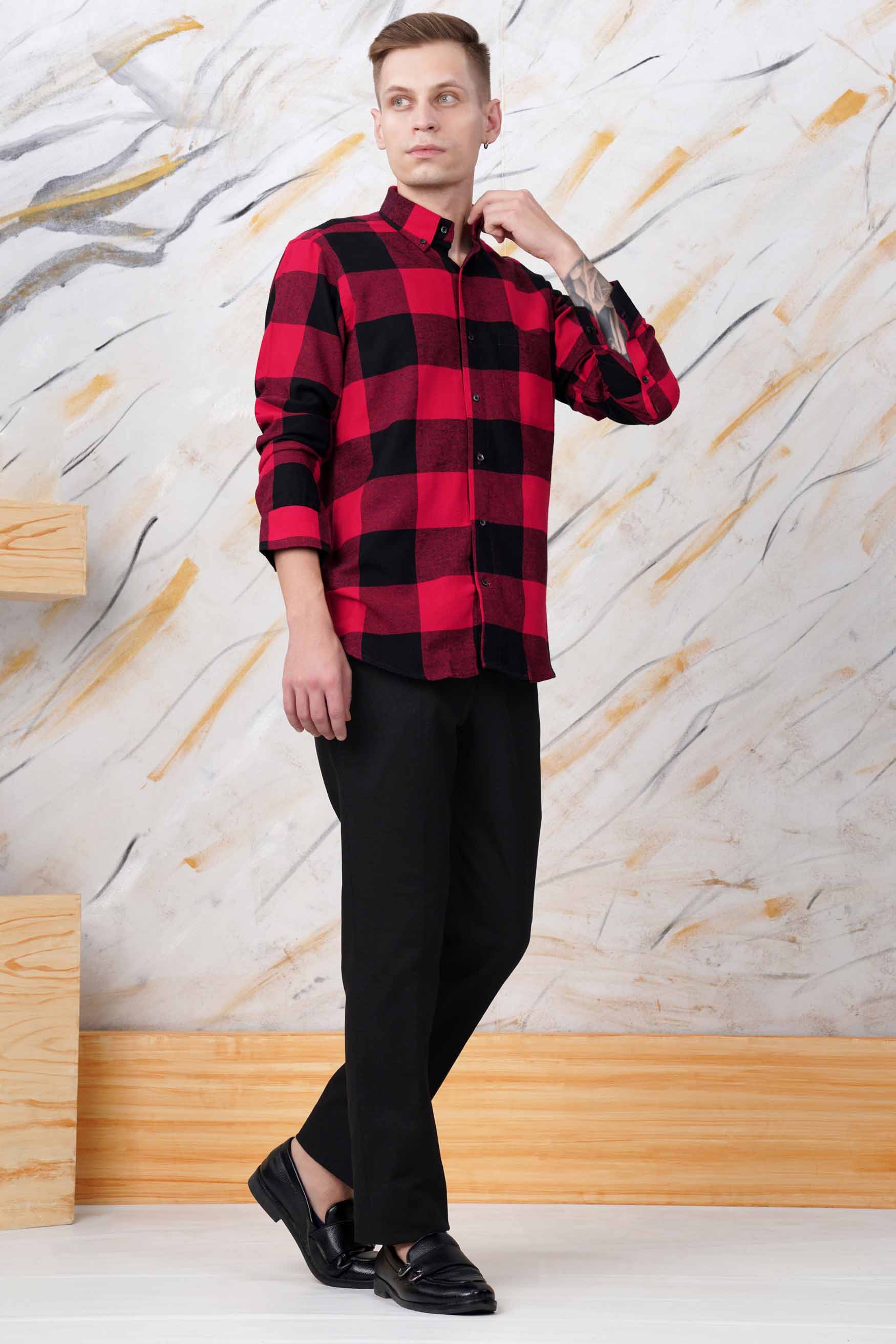 Cornell Red and Cinder Black Checked Flannel Button Down Shirt
