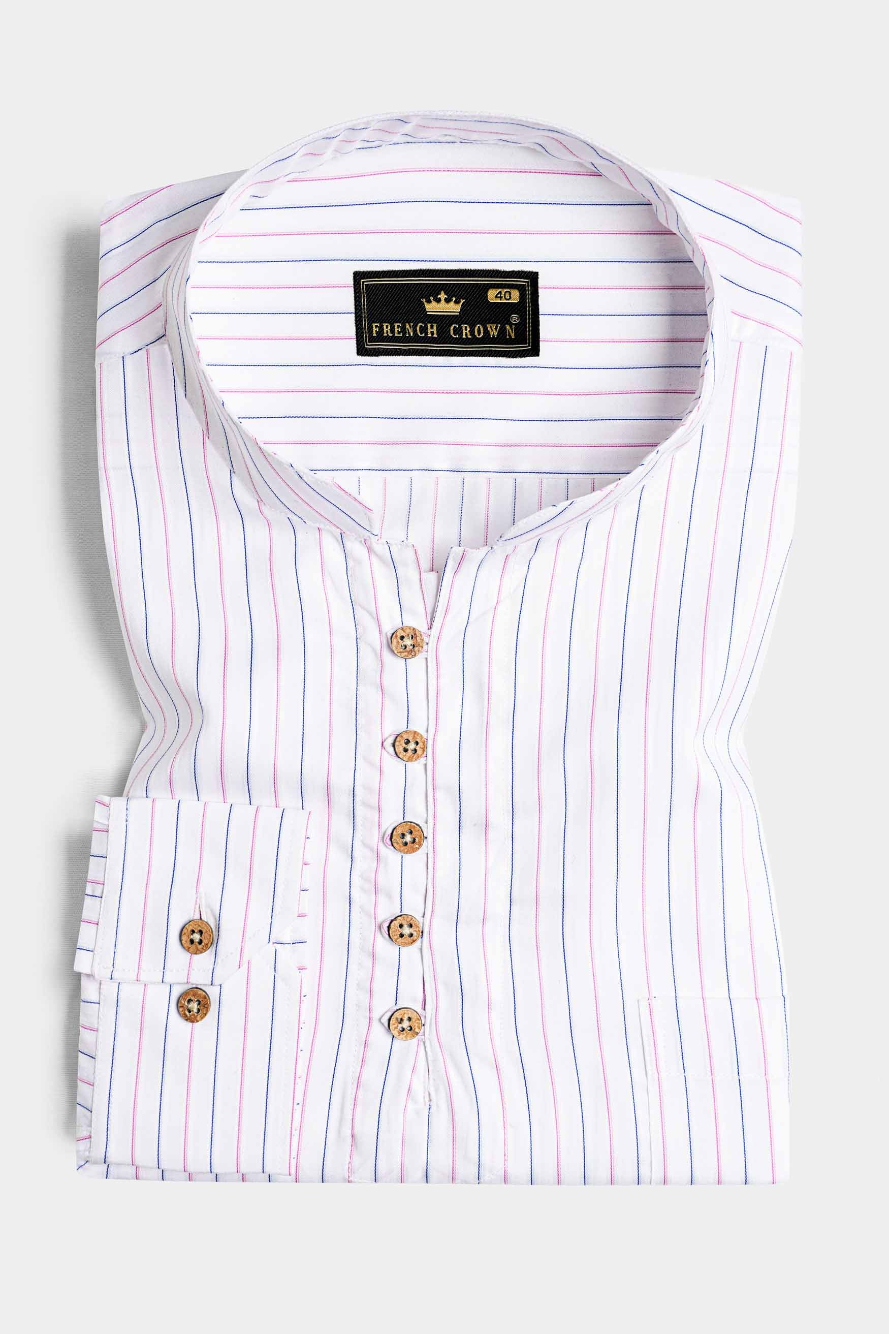 Bright White with Orchid Pink and Catalina Blue Striped Premium Cotton Kurta Shirt