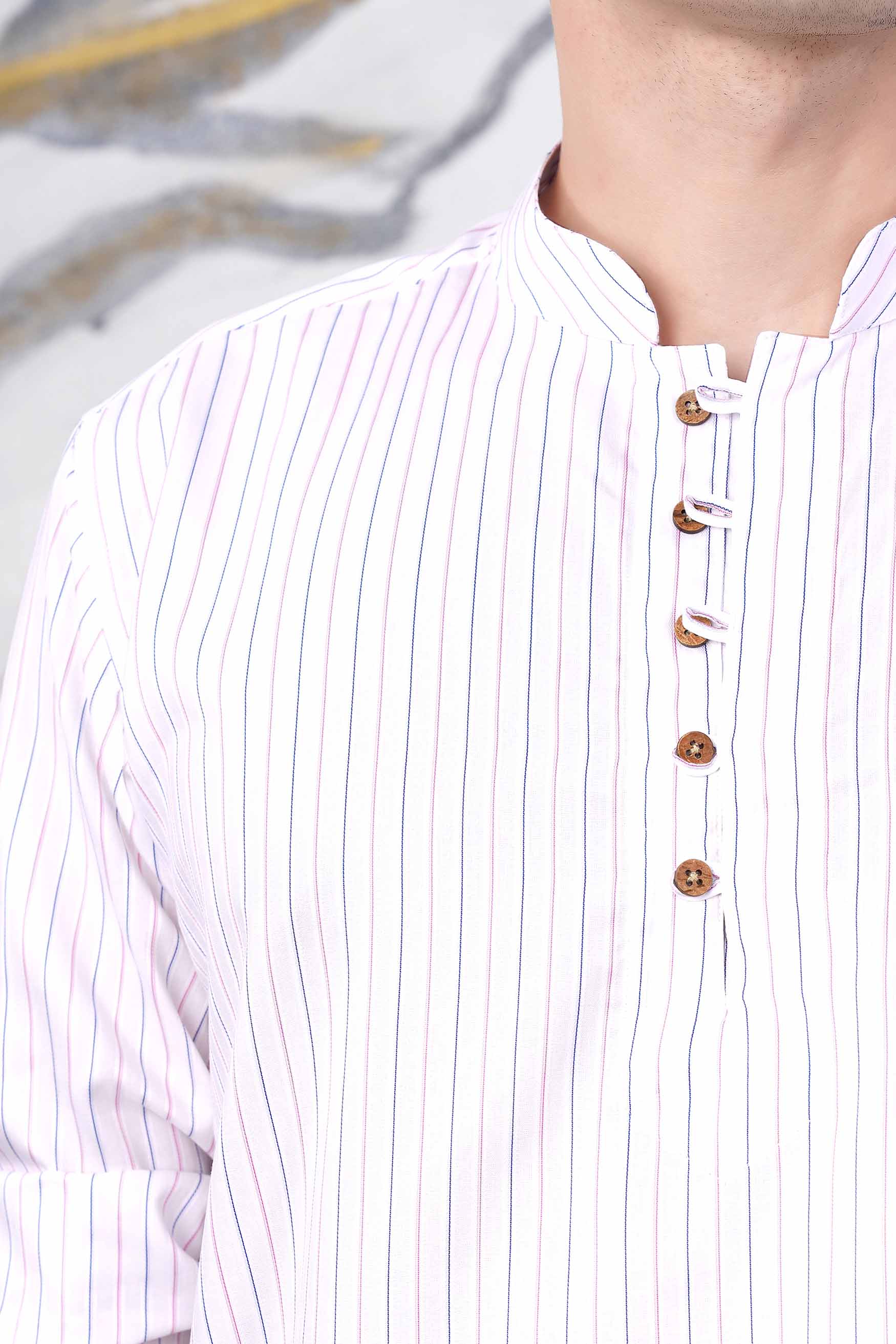 Bright White with Orchid Pink and Catalina Blue Striped Premium Cotton Kurta Shirt