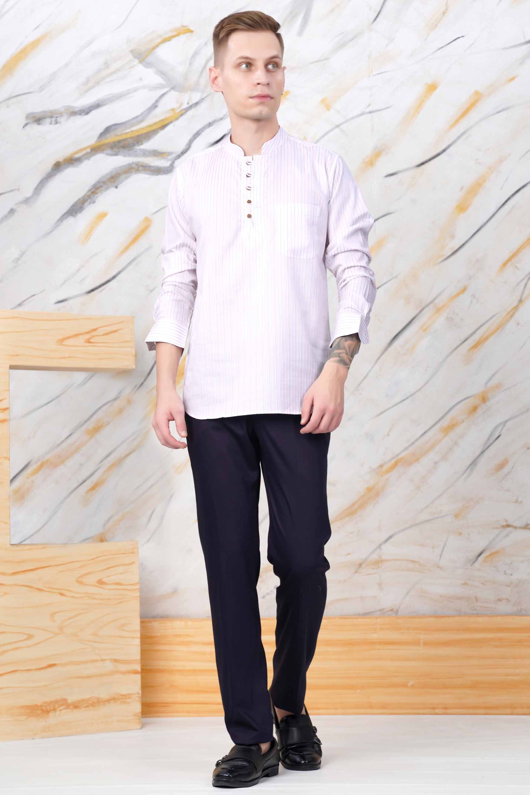 Bright White with Orchid Pink and Catalina Blue Striped Premium Cotton Kurta Shirt