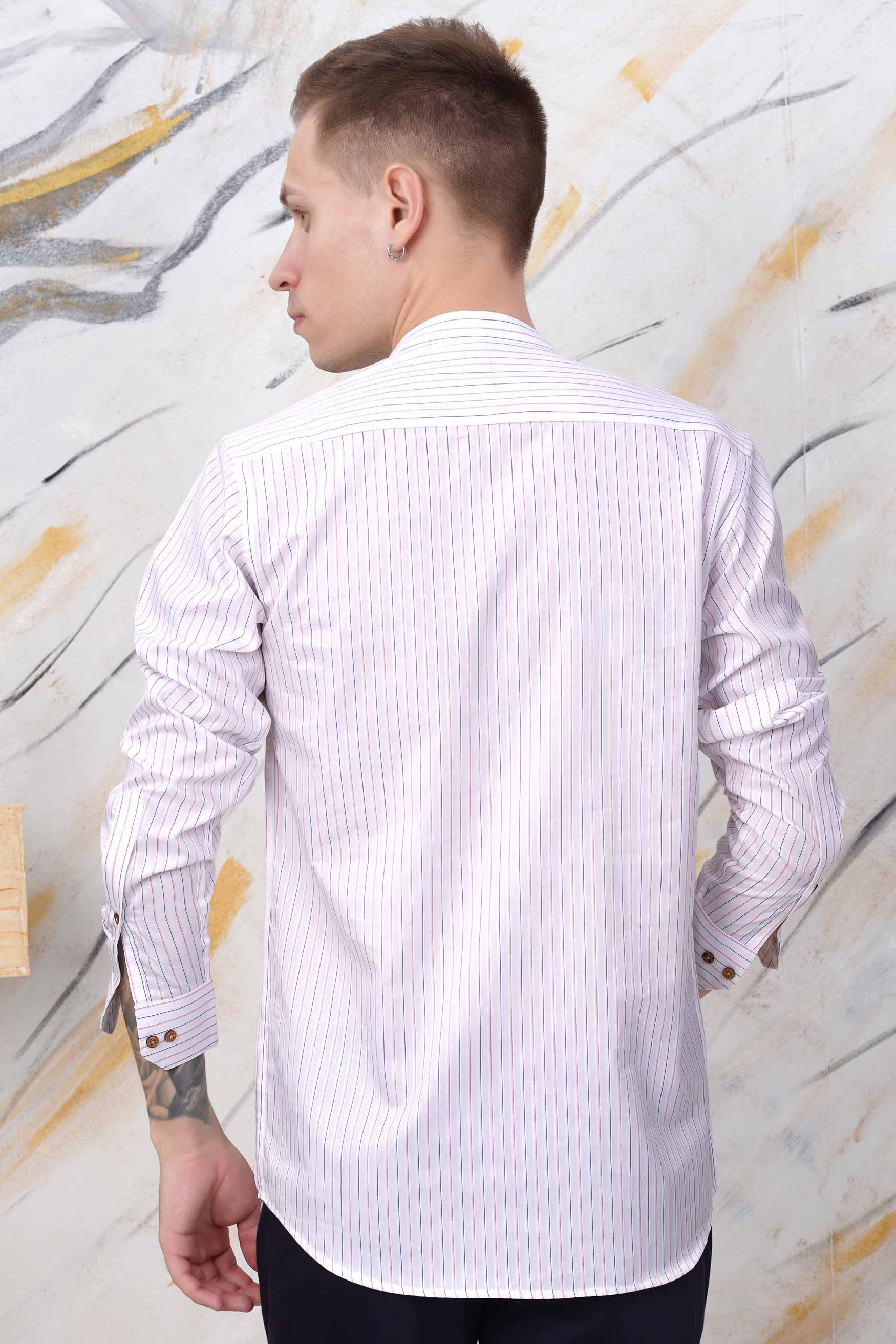 Bright White with Orchid Pink and Catalina Blue Striped Premium Cotton Kurta Shirt