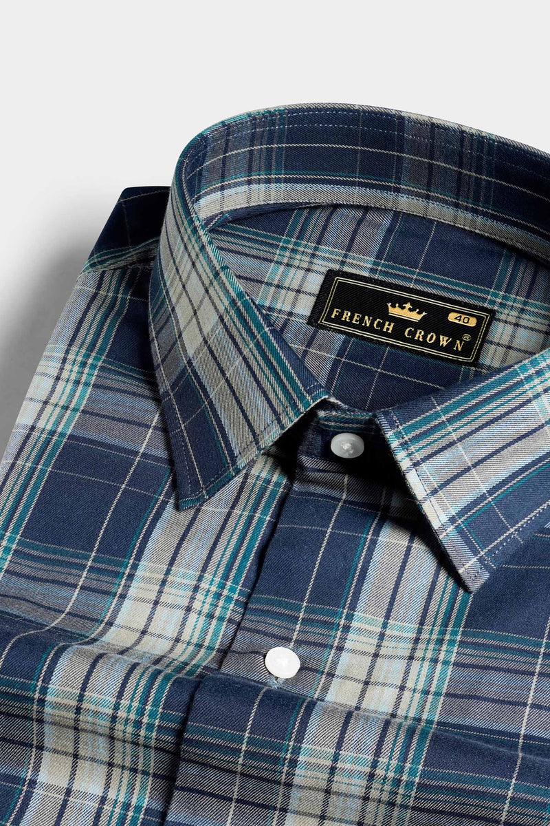 Cloud Burst Blue and Casal Green Twill Plaid Premium Cotton Shirt