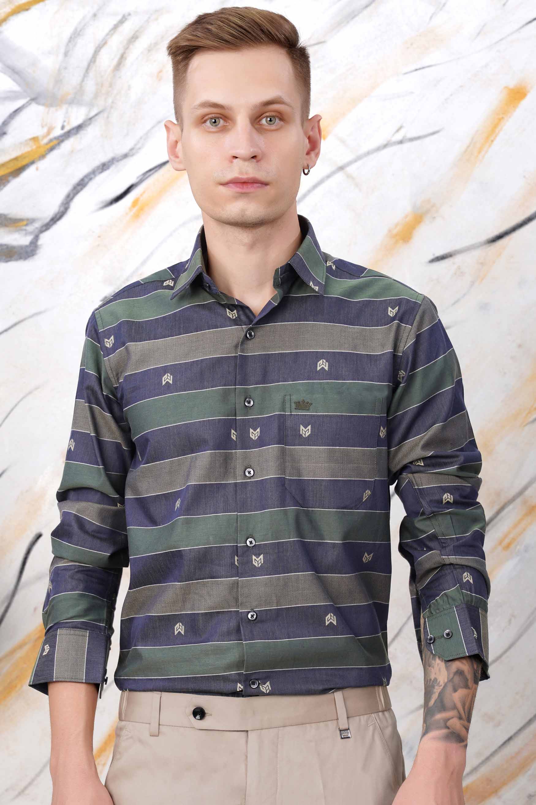 Schooner Brown with Nandor Green and Ebony Clay Blue Jacquard Textured Premium Giza Cotton Shirt