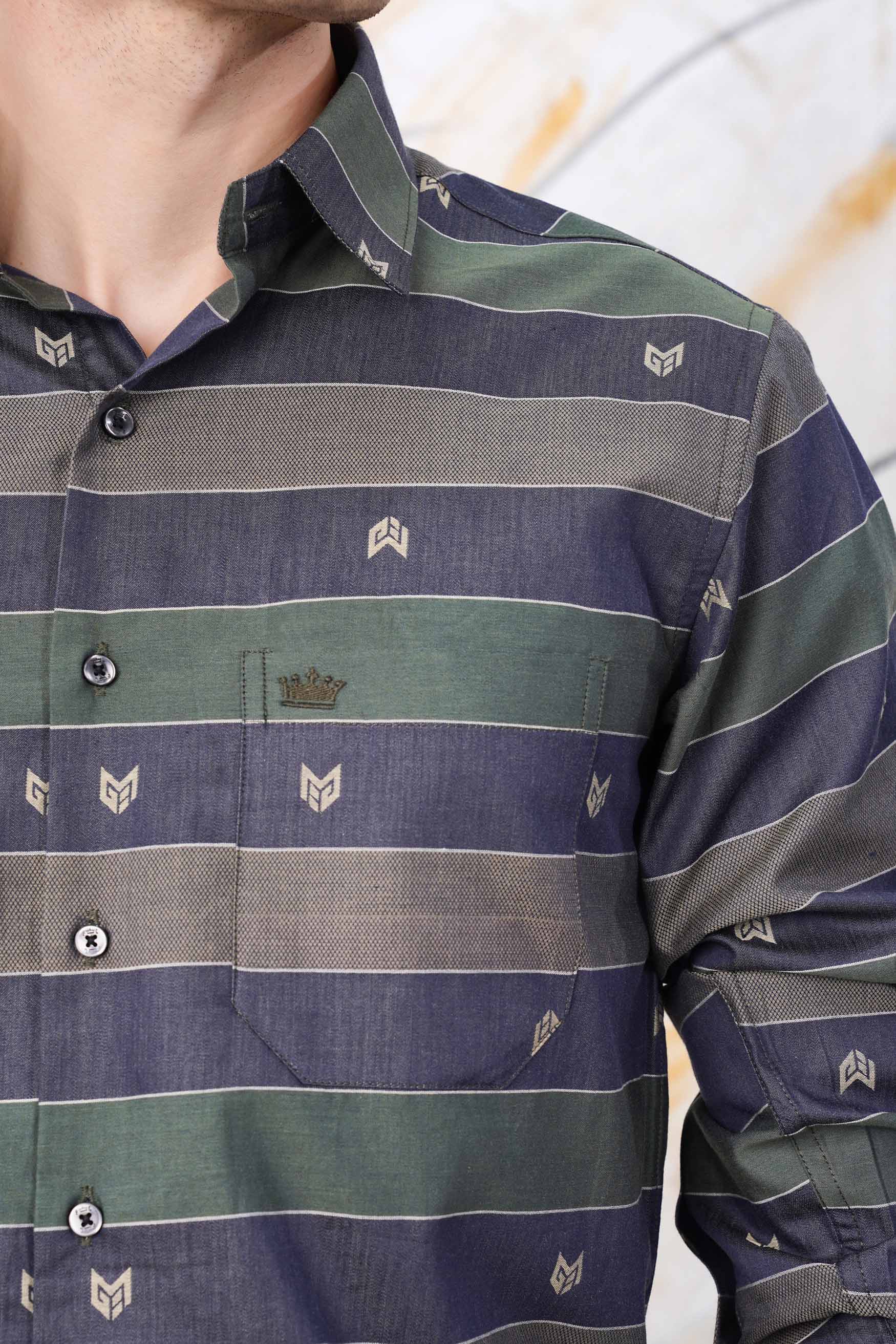 Schooner Brown with Nandor Green and Ebony Clay Blue Jacquard Textured Premium Giza Cotton Shirt