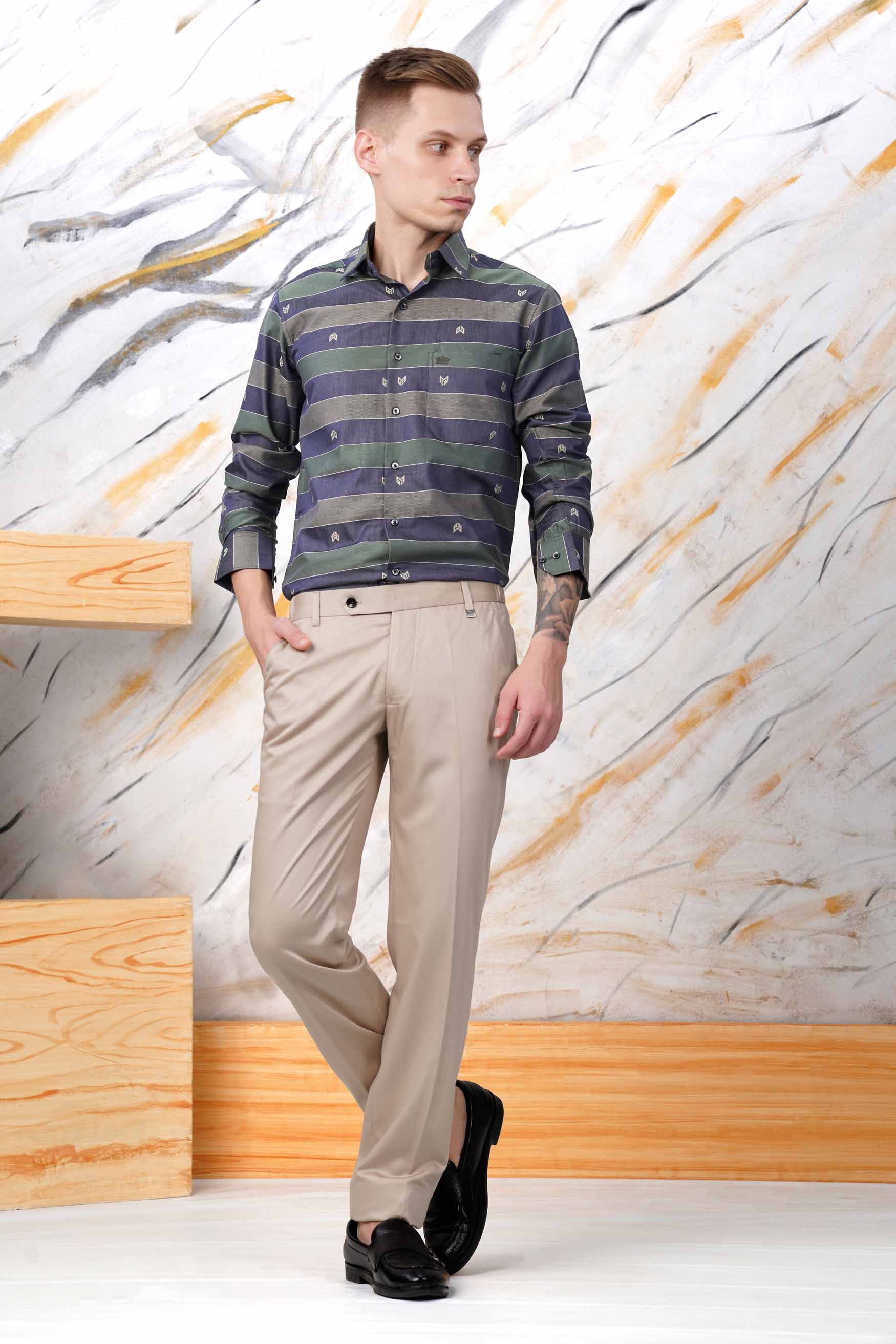 Schooner Brown with Nandor Green and Ebony Clay Blue Jacquard Textured Premium Giza Cotton Shirt