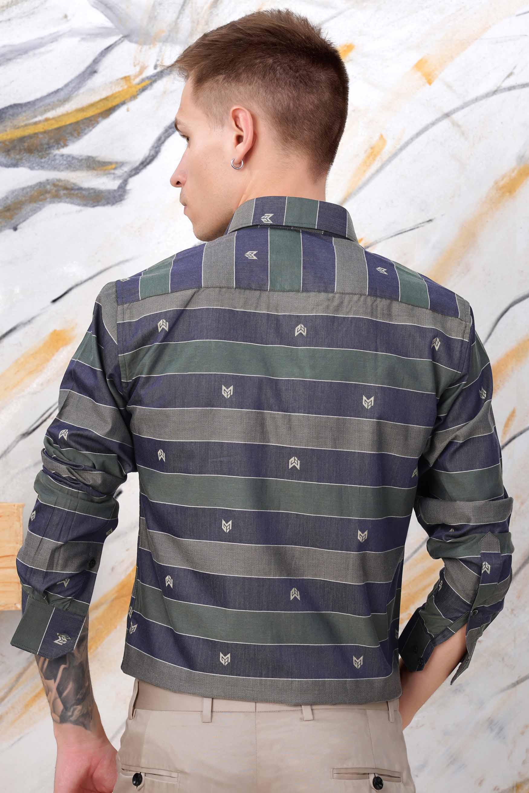 Schooner Brown with Nandor Green and Ebony Clay Blue Jacquard Textured Premium Giza Cotton Shirt