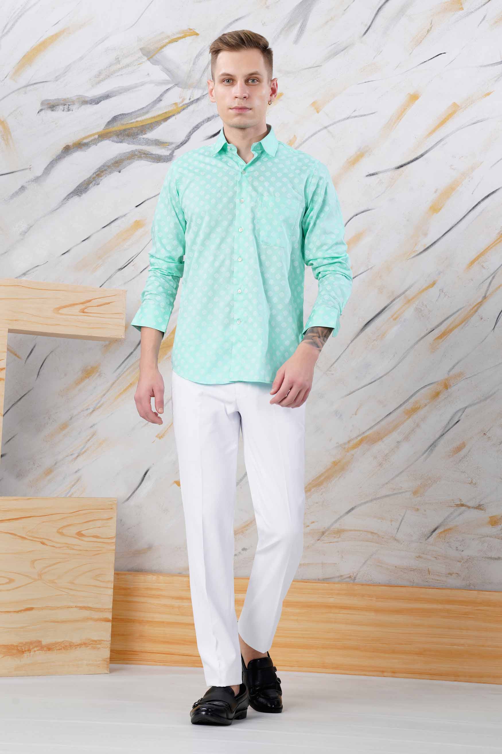 Chinook Green and White Printed Subtle Sheen Super Soft Premium Cotton Shirt