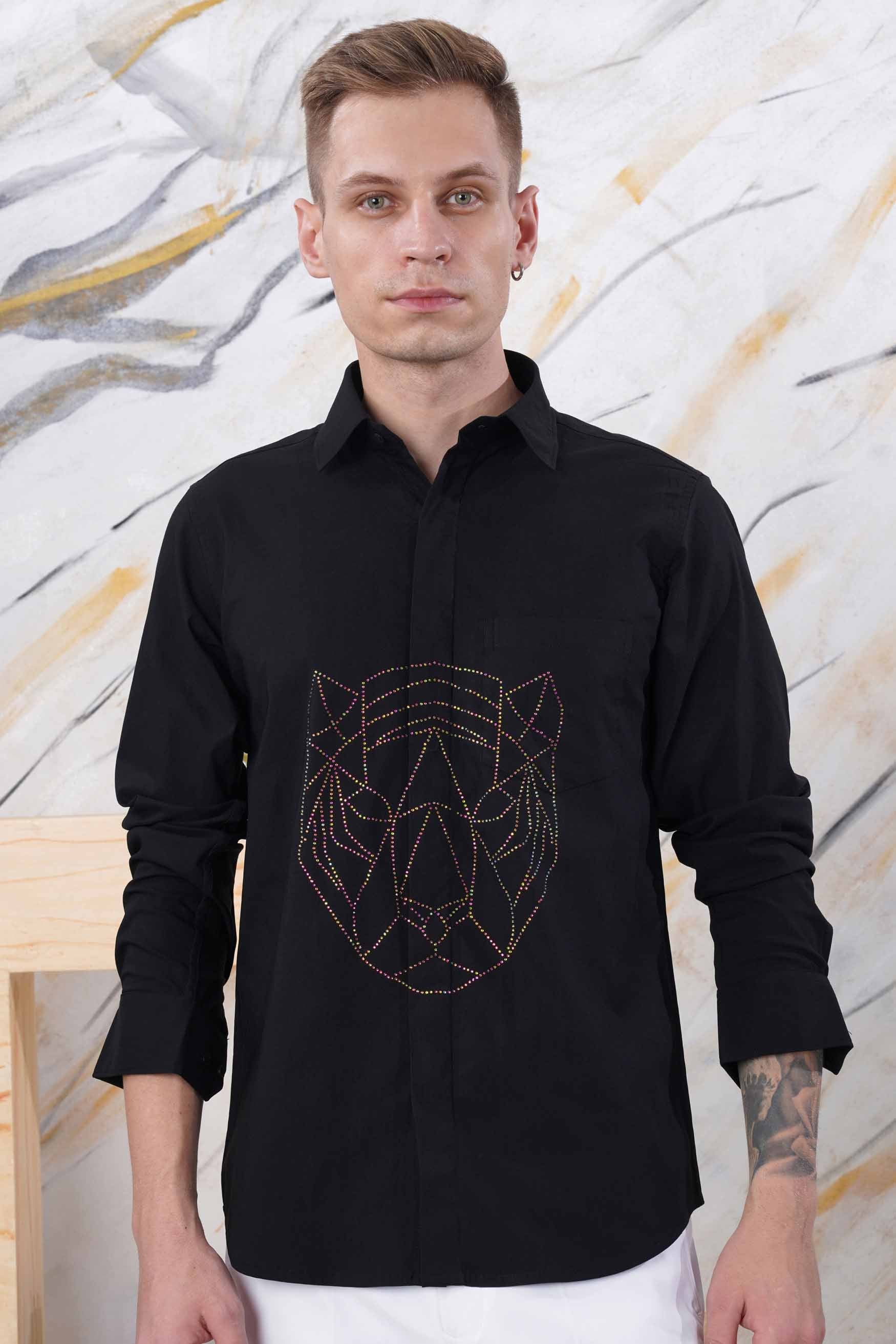 Jade Black Tiger Face Stone Work Twill Premium Cotton Stretchable Designer Shirt
