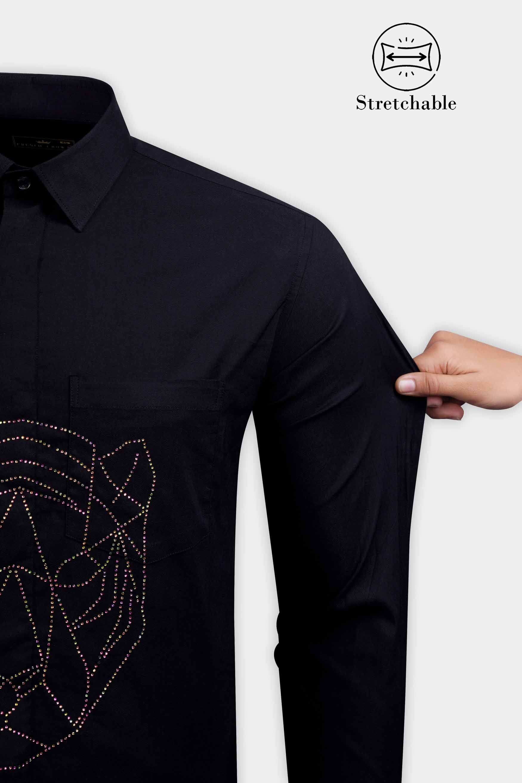 Jade Black Tiger Face Stone Work Twill Premium Cotton Stretchable Designer Shirt