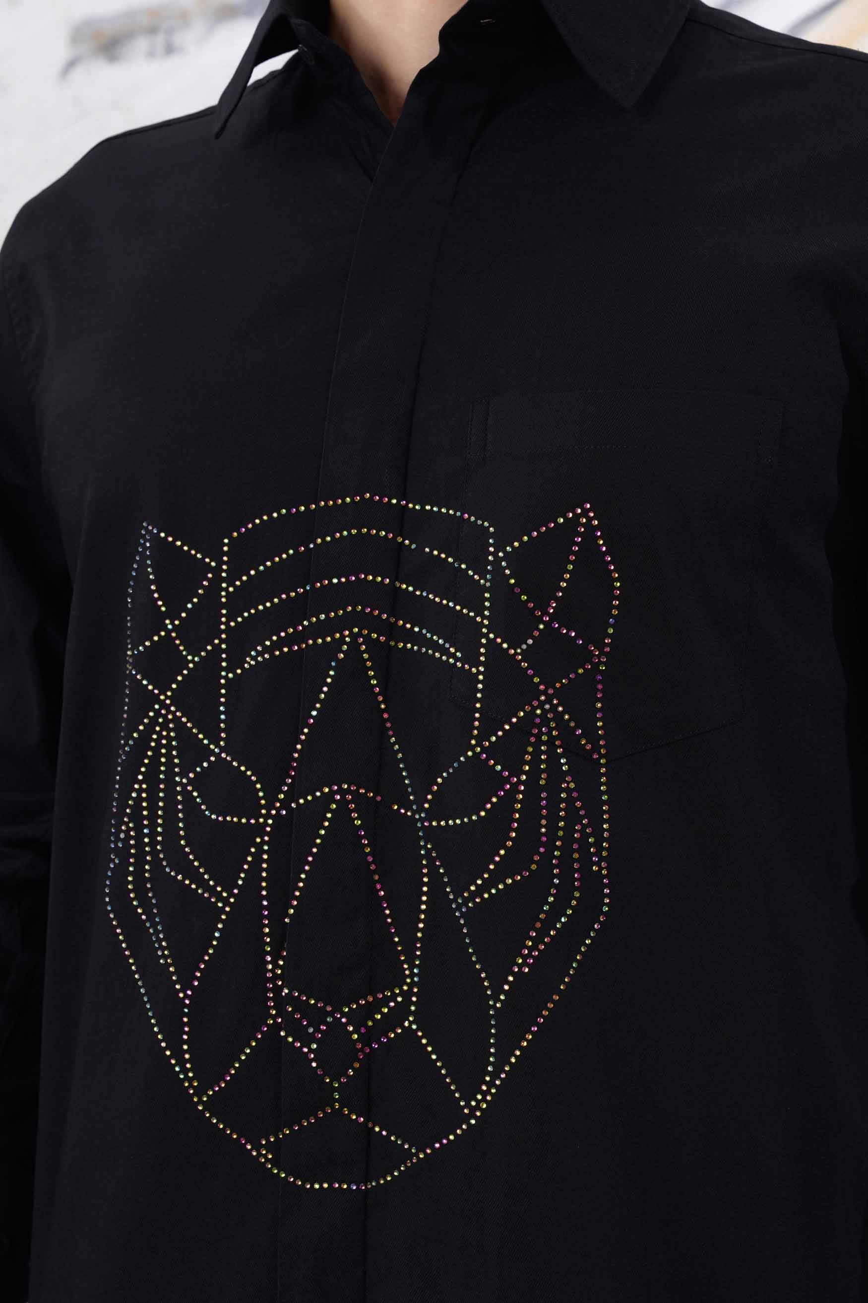 Jade Black Tiger Face Stone Work Twill Premium Cotton Stretchable Designer Shirt