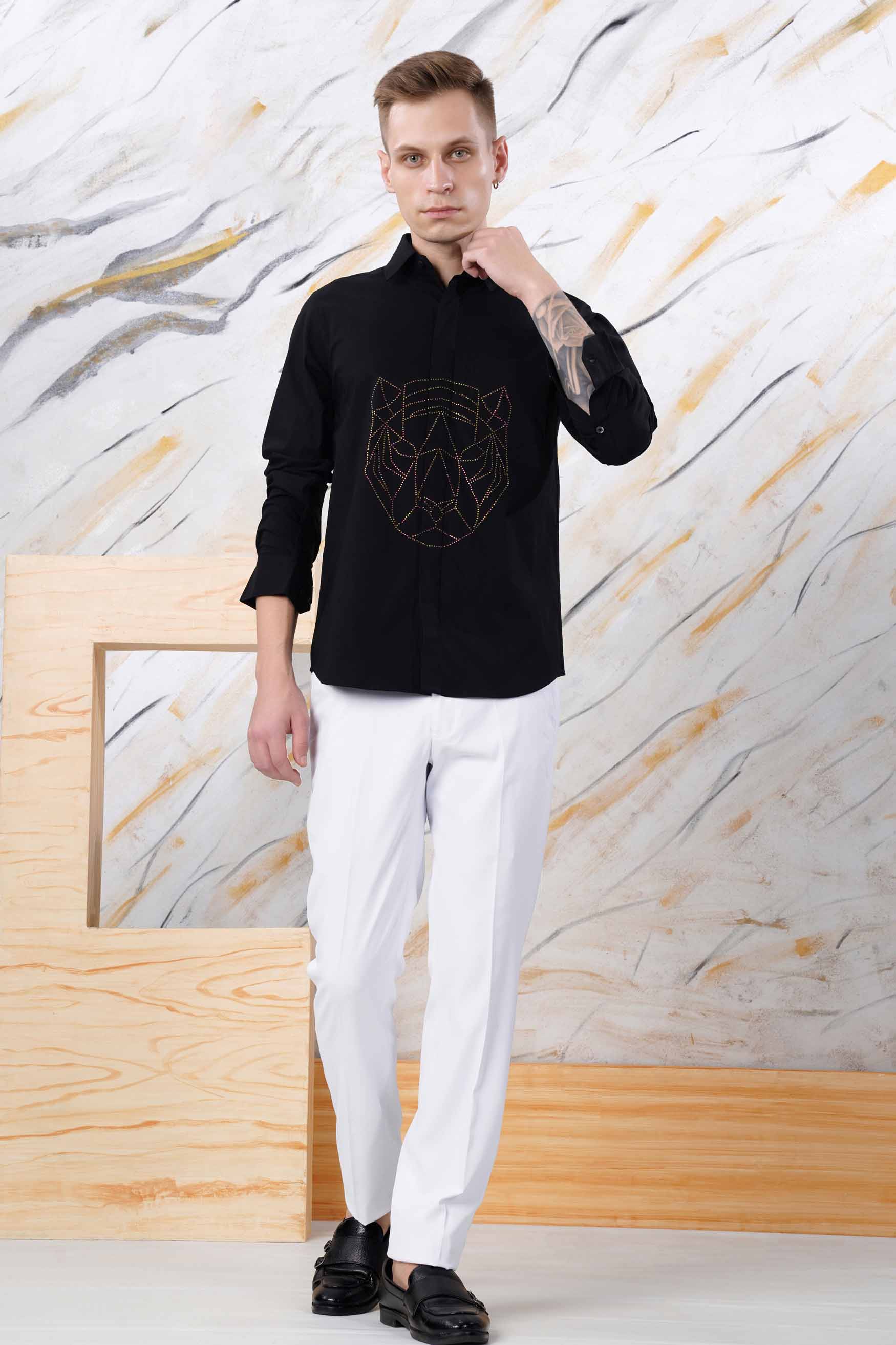 Jade Black Tiger Face Stone Work Twill Premium Cotton Stretchable Designer Shirt