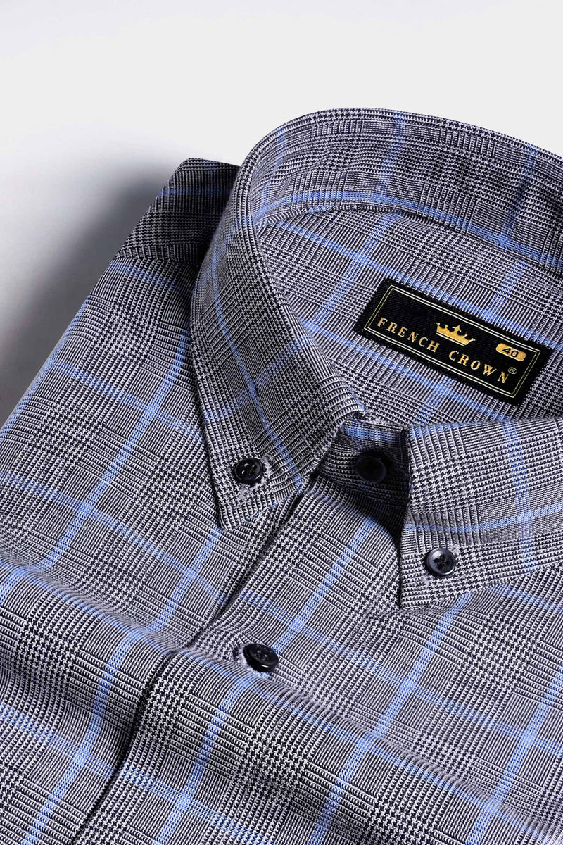 Comet Gray and Havelock Blue Plaid Stretchable Herringbone Shirt