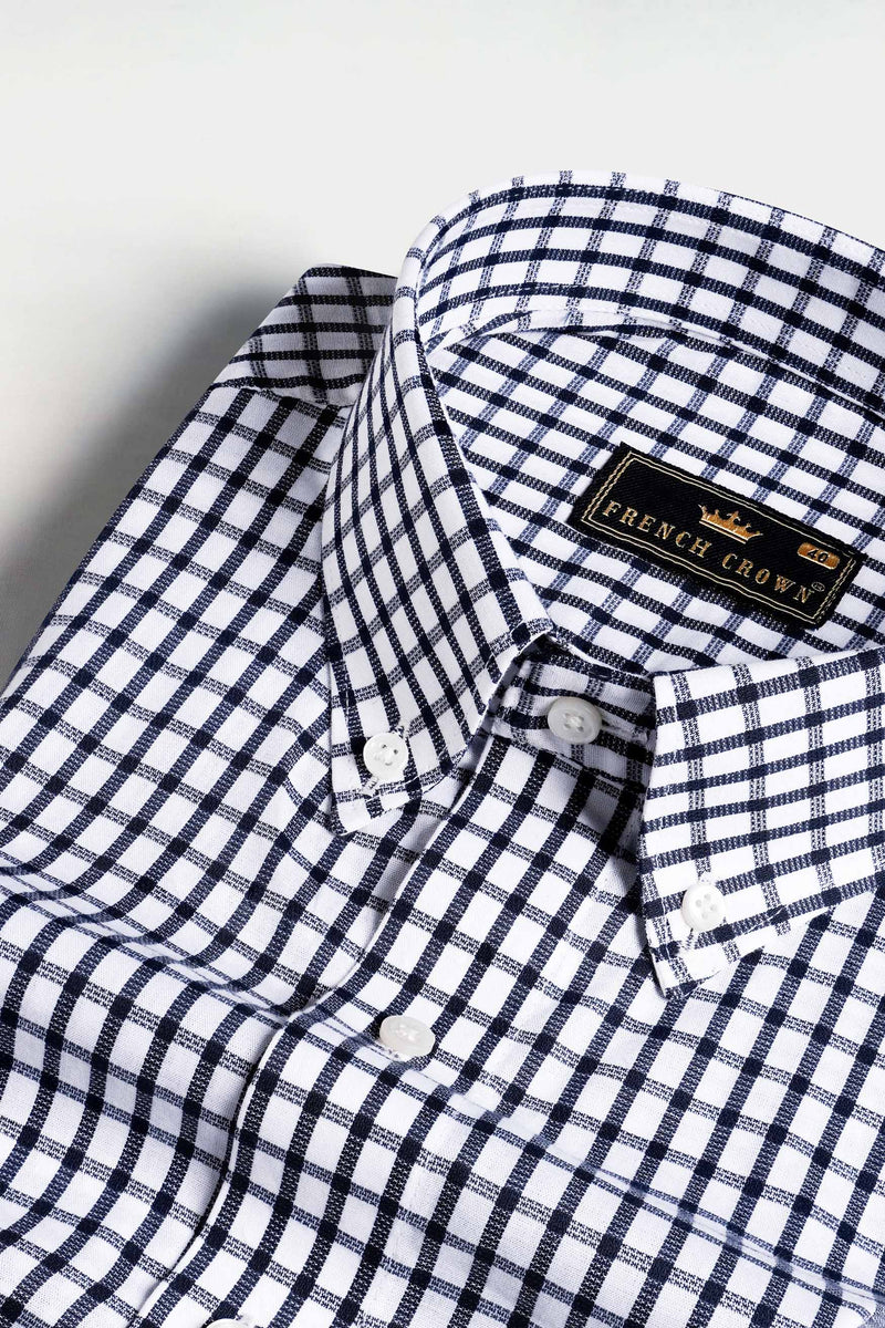 Deep Cove Blue and White Gingham Checkered Dobby Textured Premium Giza Cotton Shirt