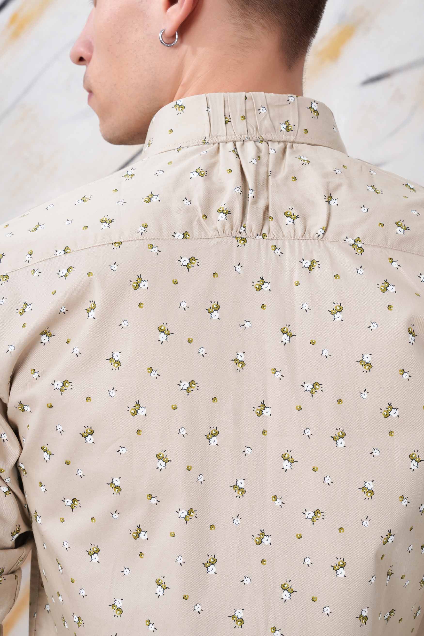 Sisal Beige and Pesto Green Floral Printed Twill Premium Cotton Designer Shirt